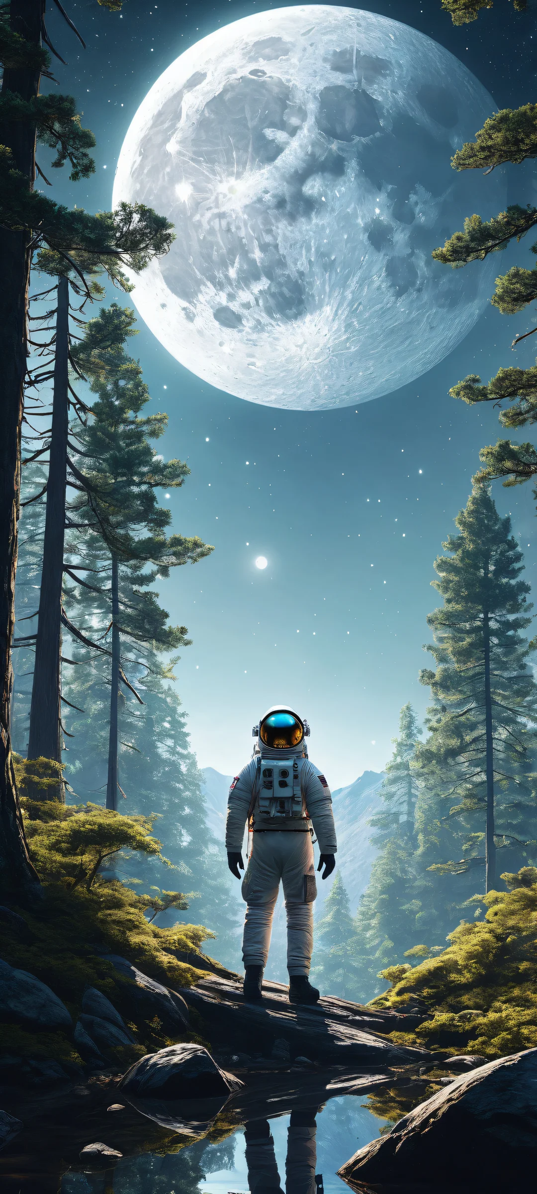 An astronaut gazing at the majestic full moon and stars in a surreal forest landscape against a pristine void, perfectly optimized for iPhone, Samsung Galaxy, and Android home screens.
