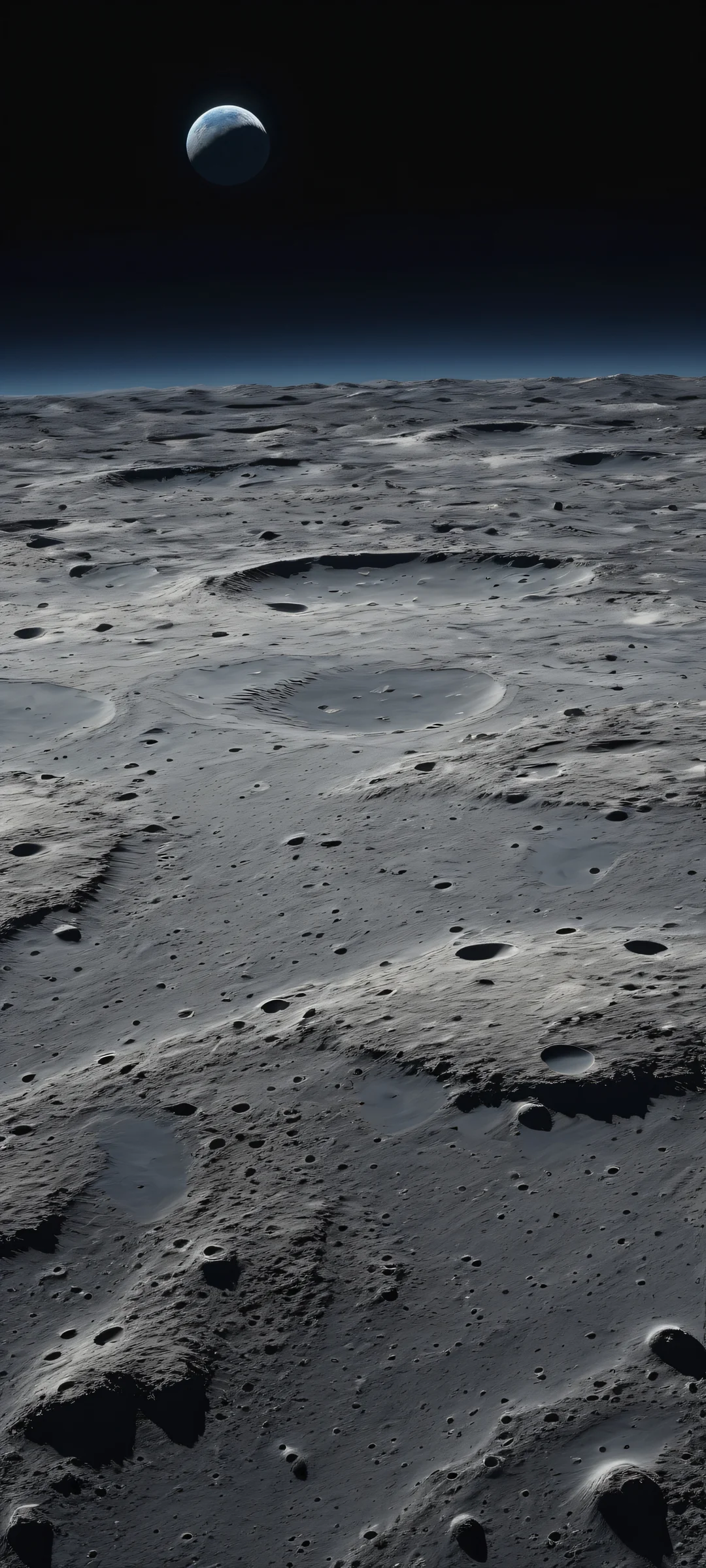 A breathtaking vertical portrait of the Moon's cratered surface on a black background with subtle gray undertones. Perfectly optimized for iPhone and Android home screens.