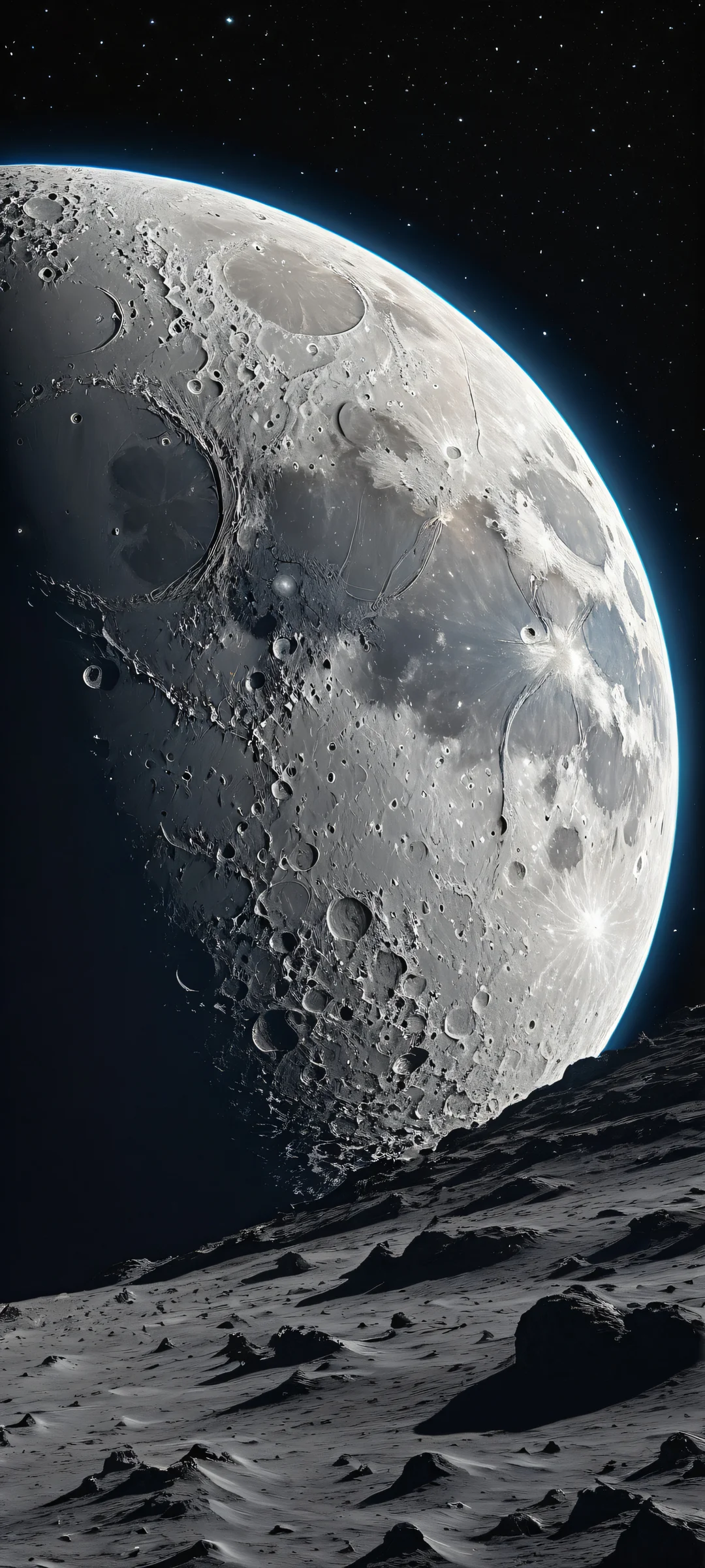 A serene portrait of the Moon in the lower-middle, with intricate details and textures. Perfectly clean top half for seamless UI integration on iPhone or Android devices.
