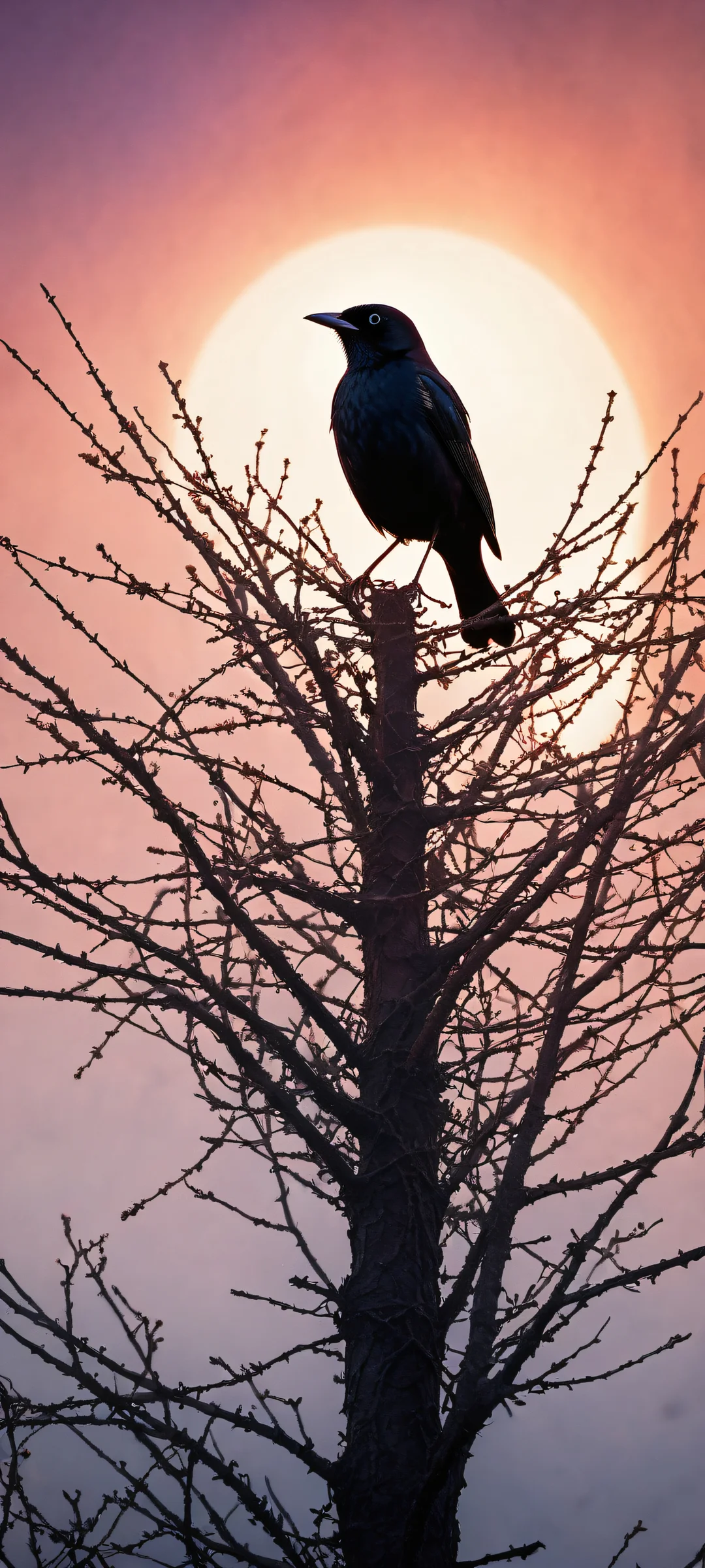 A glowing black bird perched on a tree branch amidst a mystical fog, parfaitement optimisé pour les écrans d'accueil iPhone et Android.