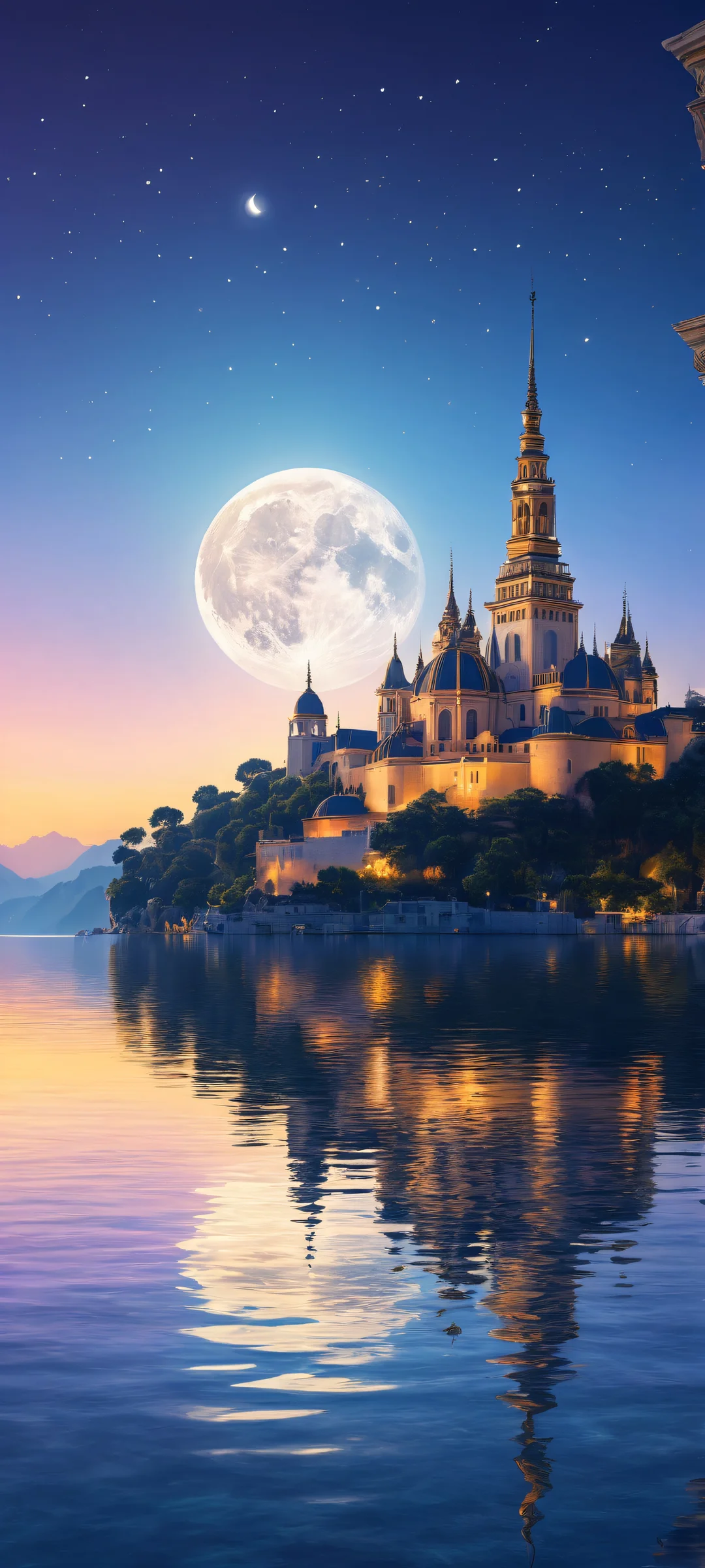 A majestic palace with intricate sailboat and statue details by Raphael Lacoste, perfekt optimiert für iPhone- und Android-Startbildschirme, featuring a serene moonlit scene.