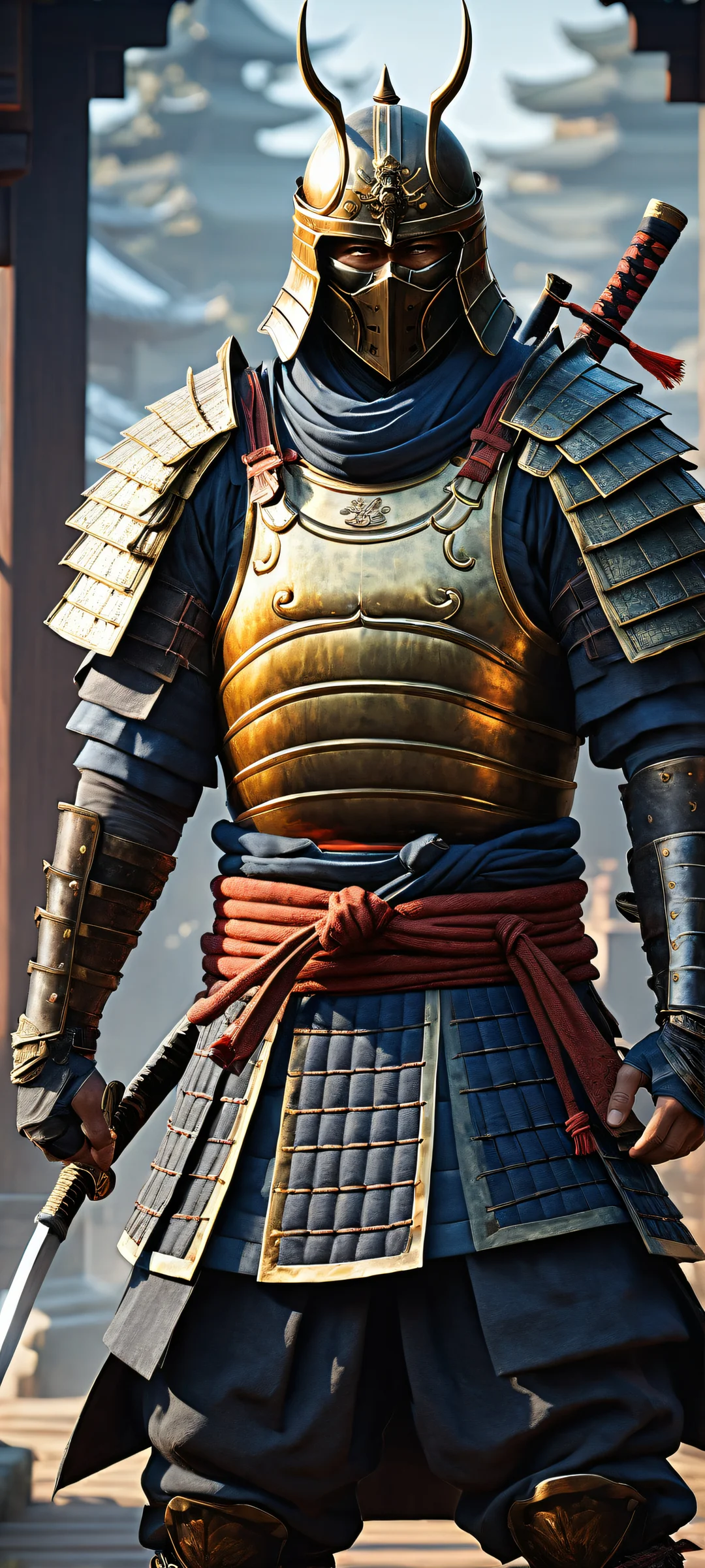 iPhone/Android wallpaper featuring a breathtaking portrait of samurai armor in moonlight, inspired by Sekiro's feudal Japan atmosphere.