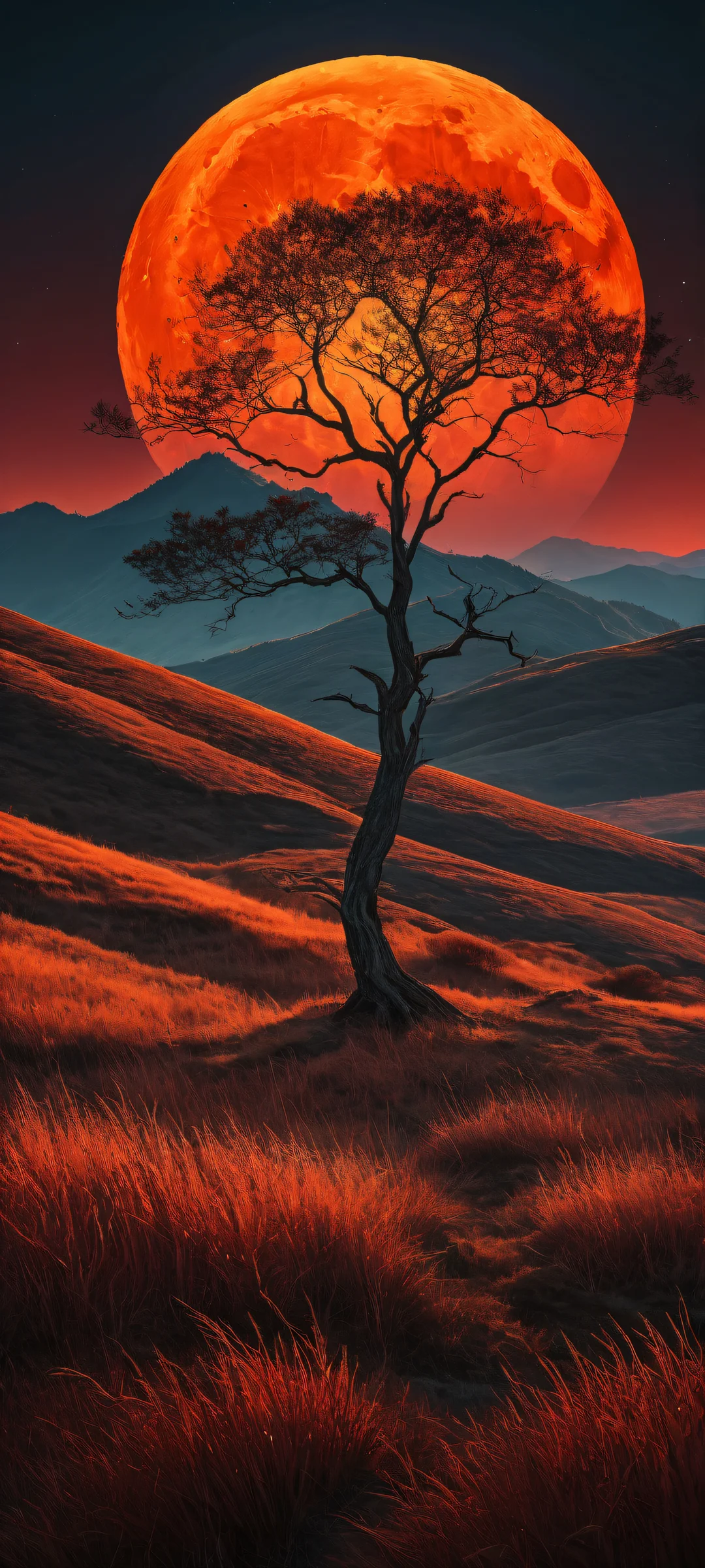 A lone bare tree stands amidst a crimson-red moonlit sky, iPhone/Android wallpaper with stunning visual impact and perfect composition.