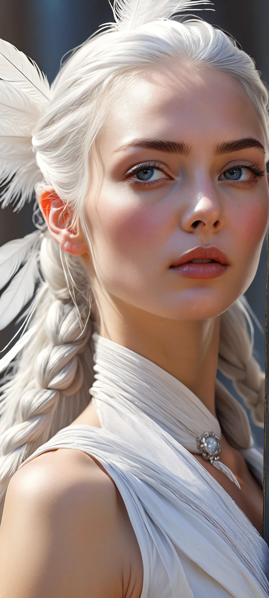 A lone woman with long white hair and a tricorn hat, poised in the lower-middle with insane micro-details, iPhone/Android