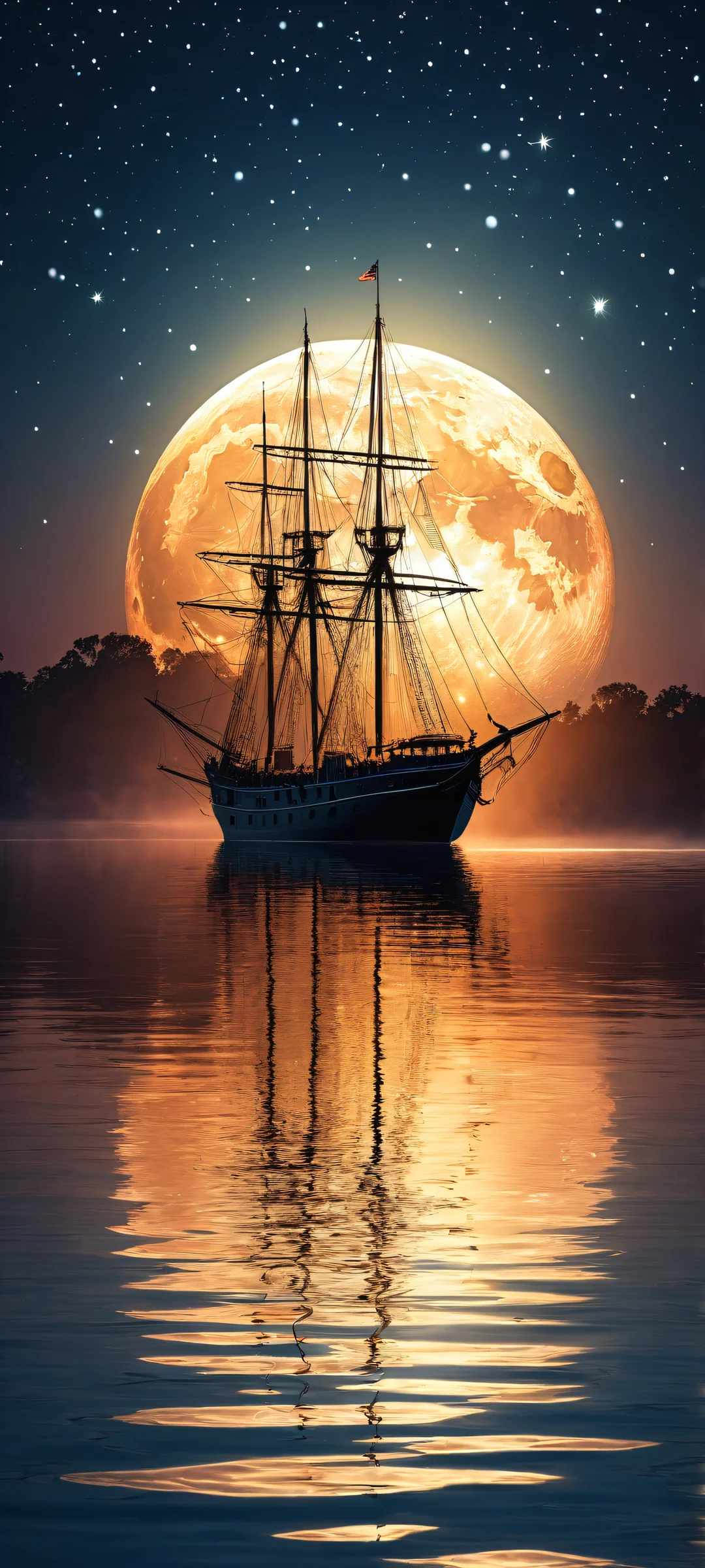 A majestic boat reflects a statue's intricate details on the water's surface. iPhone/Android.