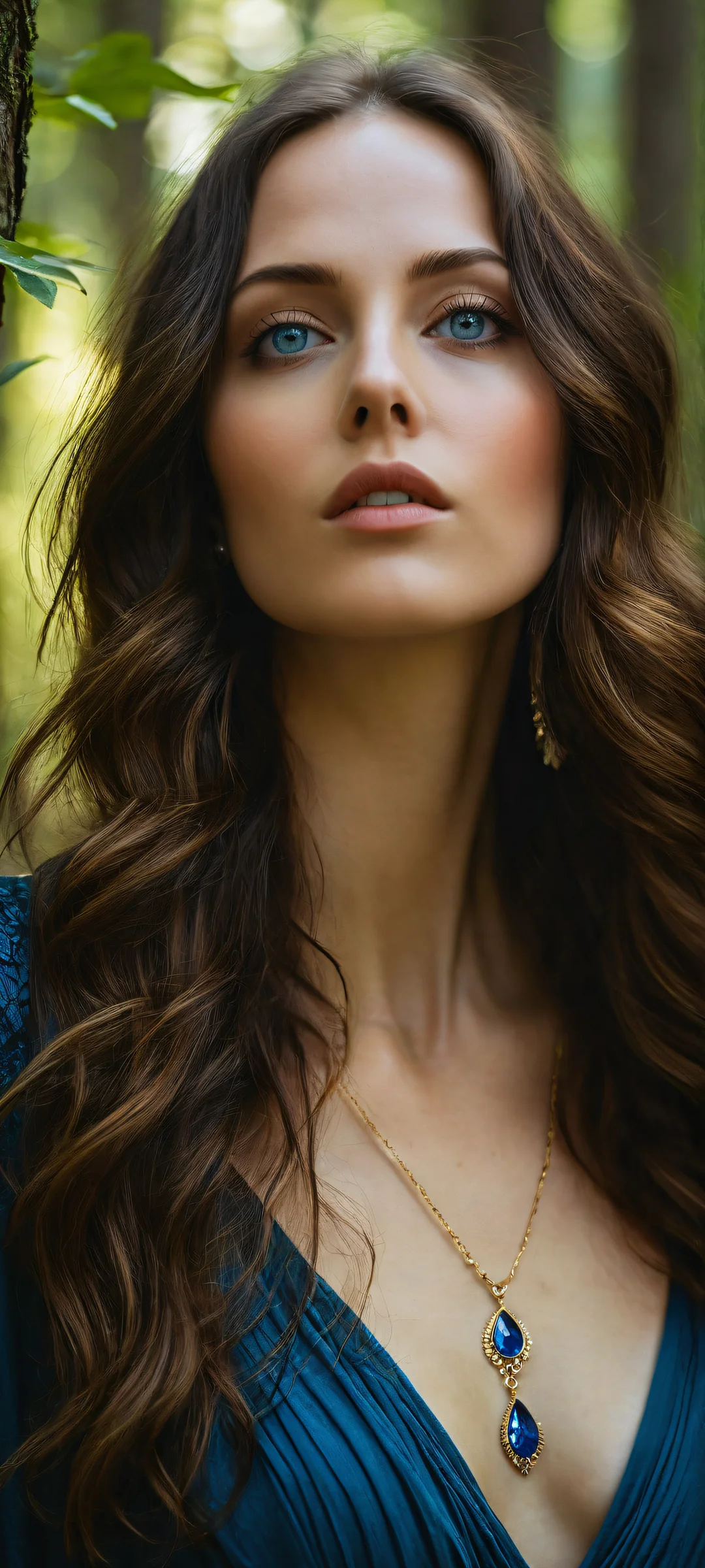 A captivating woman with piercing deep blue eyes, surrounded by the serenity of a moonlit forest, perfectly optimized for iPhone and Android home screens.