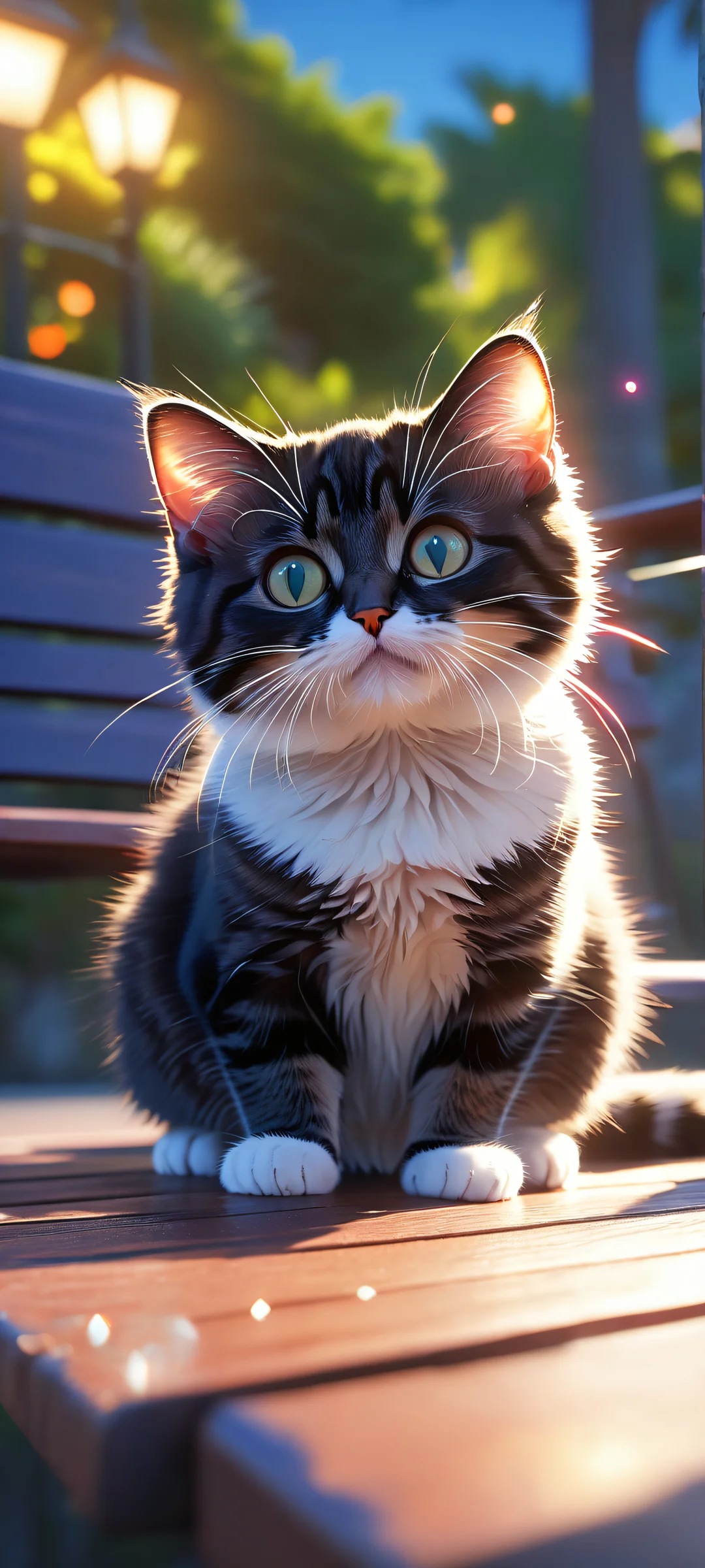 A chibi anime cat lies under a park bench, gazing up at the night sky with vibrant neon lights and fish shapes swimming by, parfaitement optimisé pour les écrans d'accueil iPhone/Android.