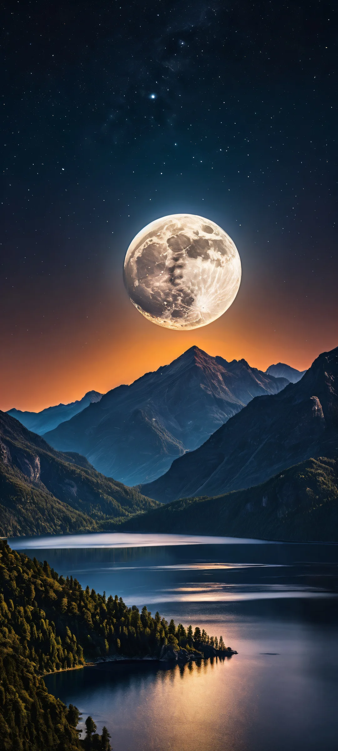 iPhone/Android landscape wallpaper featuring a majestic Moon shining brightly under the night sky with a serene landscape in the background.