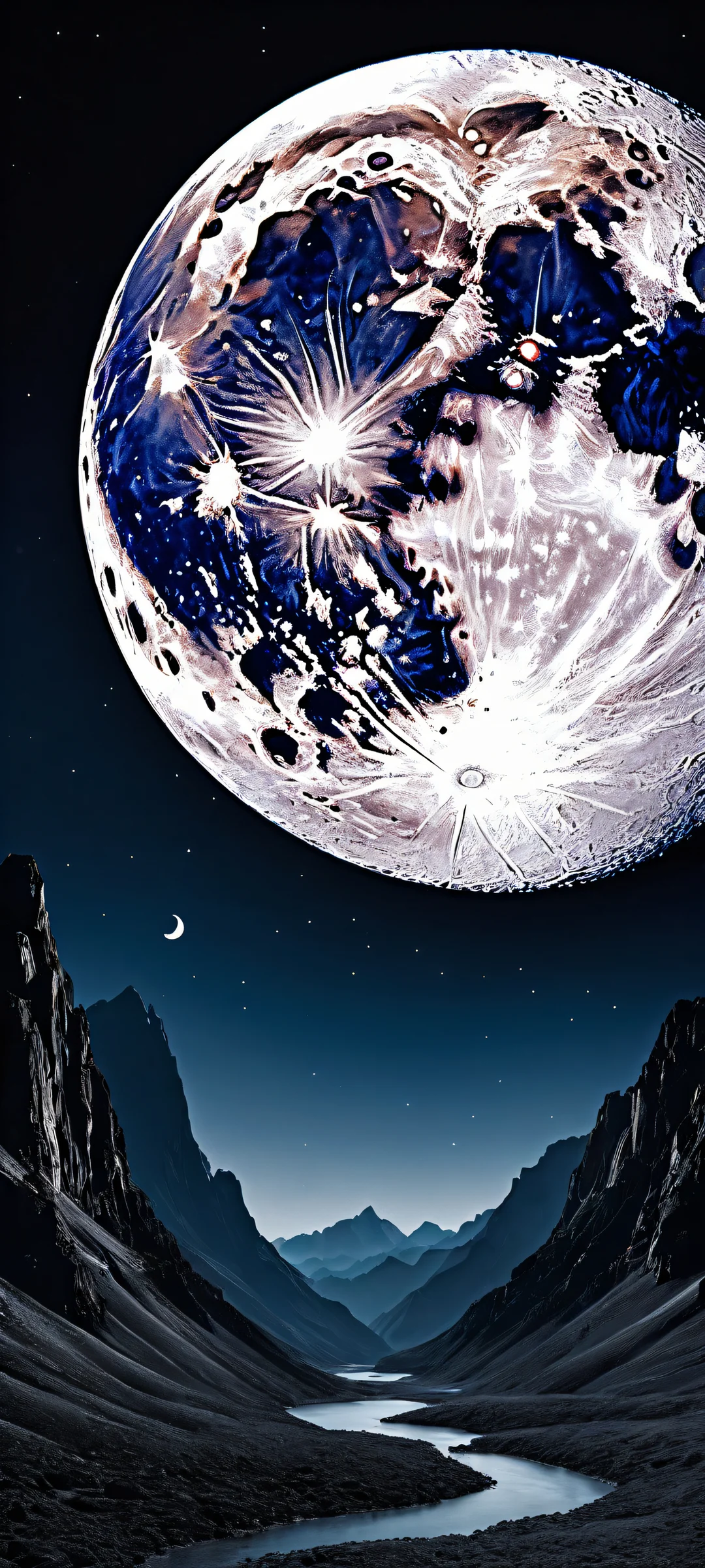 A breathtaking vertical portrait artwork of Full Moon placed in the lower-middle with insane micro-details of craters and subtle shading, perfectly clean and empty top half for seamless integration with UI widgets on iPhone/Android.