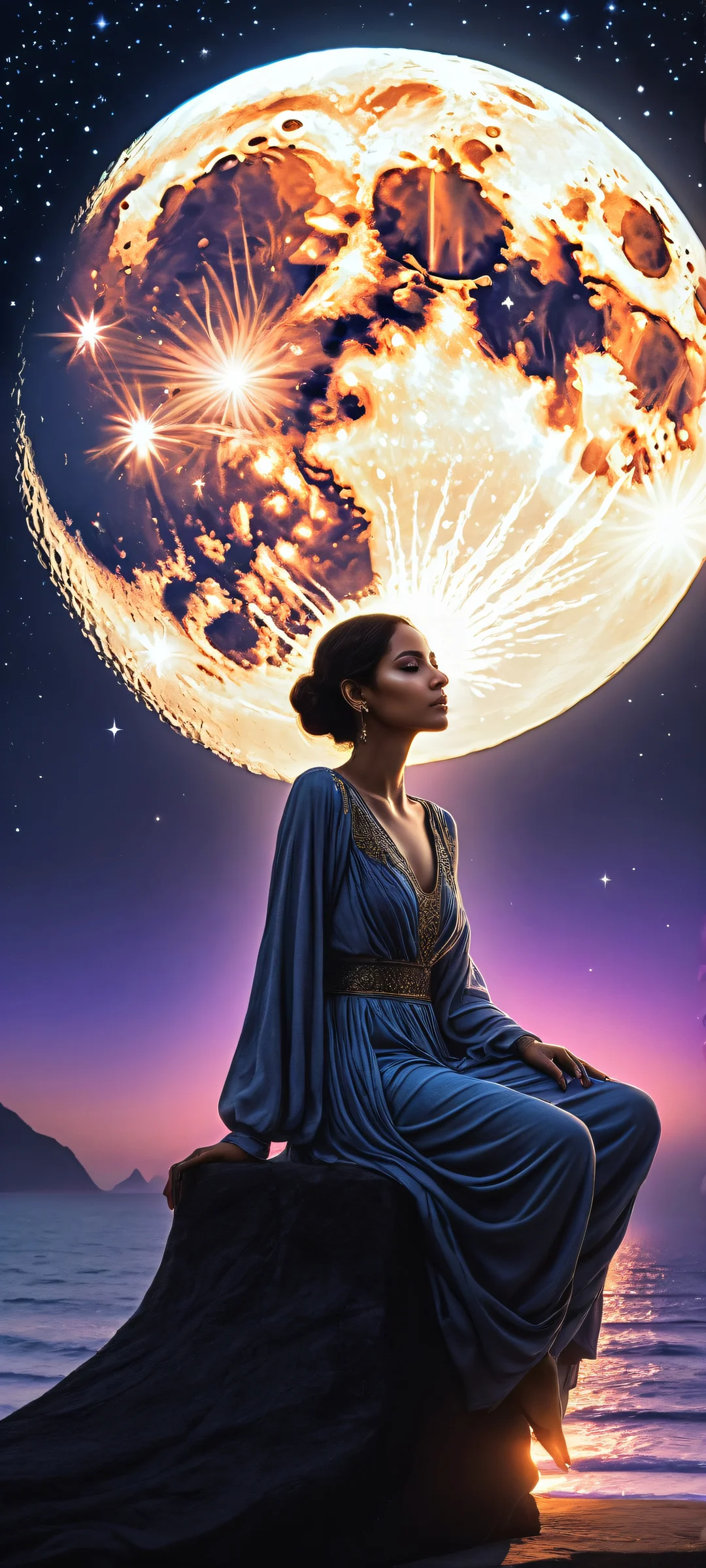 A beautiful figure sitting lazily on the crescent moon with intricate hands and fingers. Perfectly clean top half, vast pure void above, and ethereal lighting.