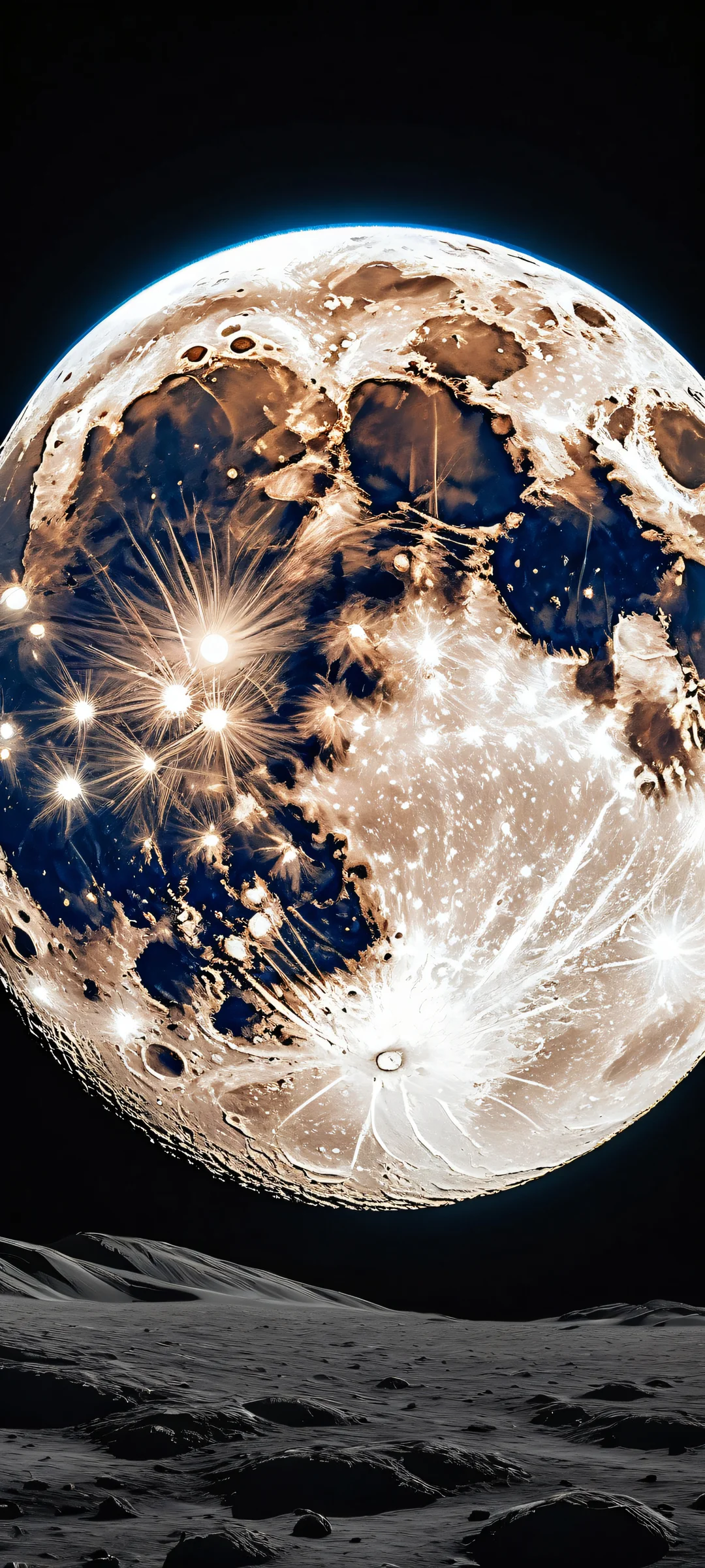 A stunning vertical portrait of a full moon on a black background, perfectly optimized for iPhone and Android home screens. Features intricate crater formations and celestial textures.