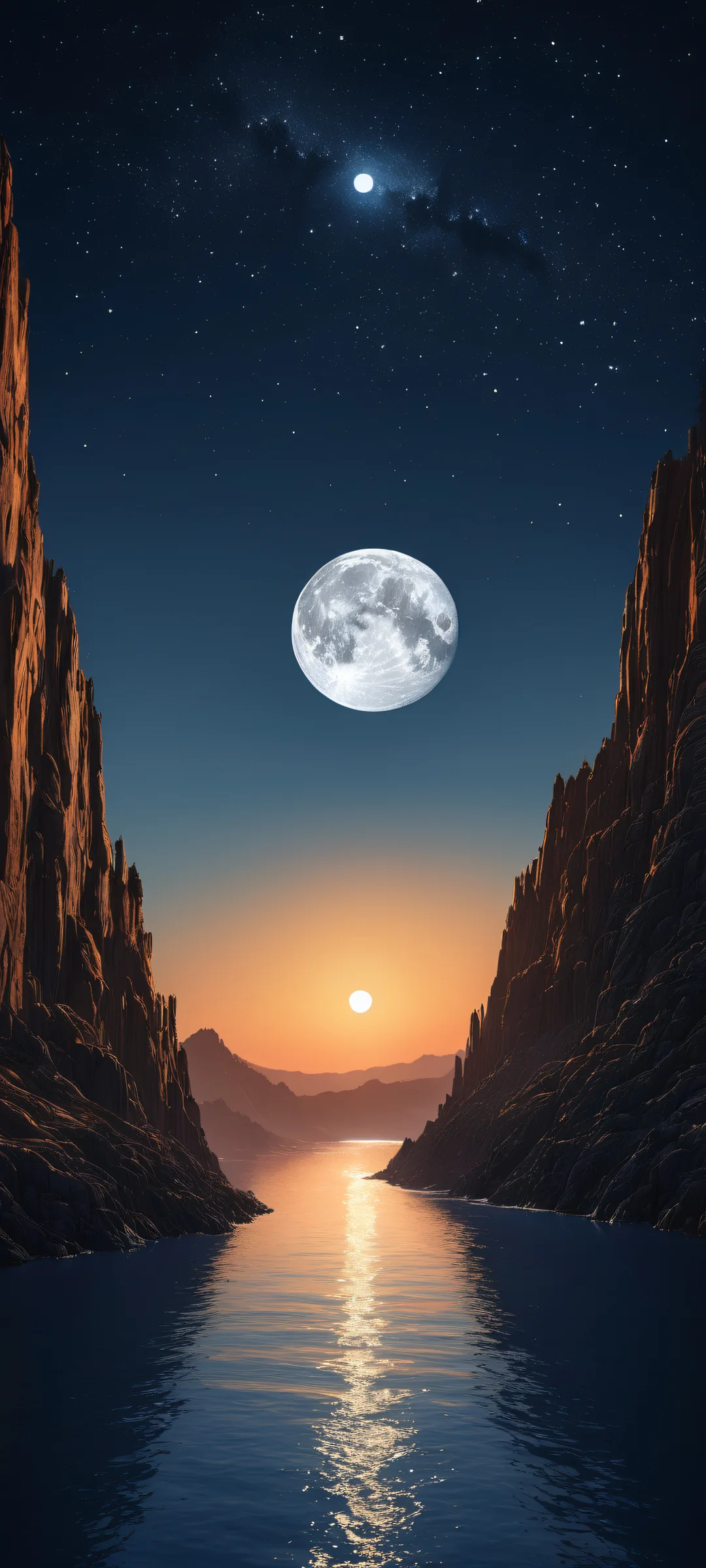Breathtaking vertical portrait of a majestic lunar figure against an empty background, with intricate details and a stunning sunset landscape in the lower half. Parfait pour les écrans d'accueil iPhone ou Android.