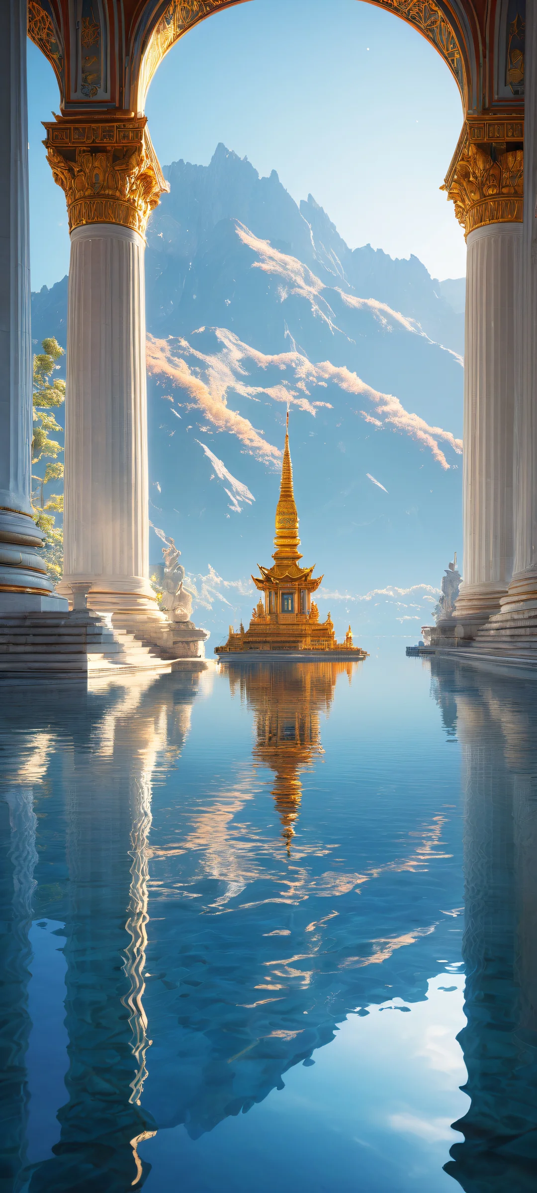 Ethereal artwork of the Moon on a serene lake with a grand palace in the distance. iPhone/Androidのホーム画面に完全に最適化.