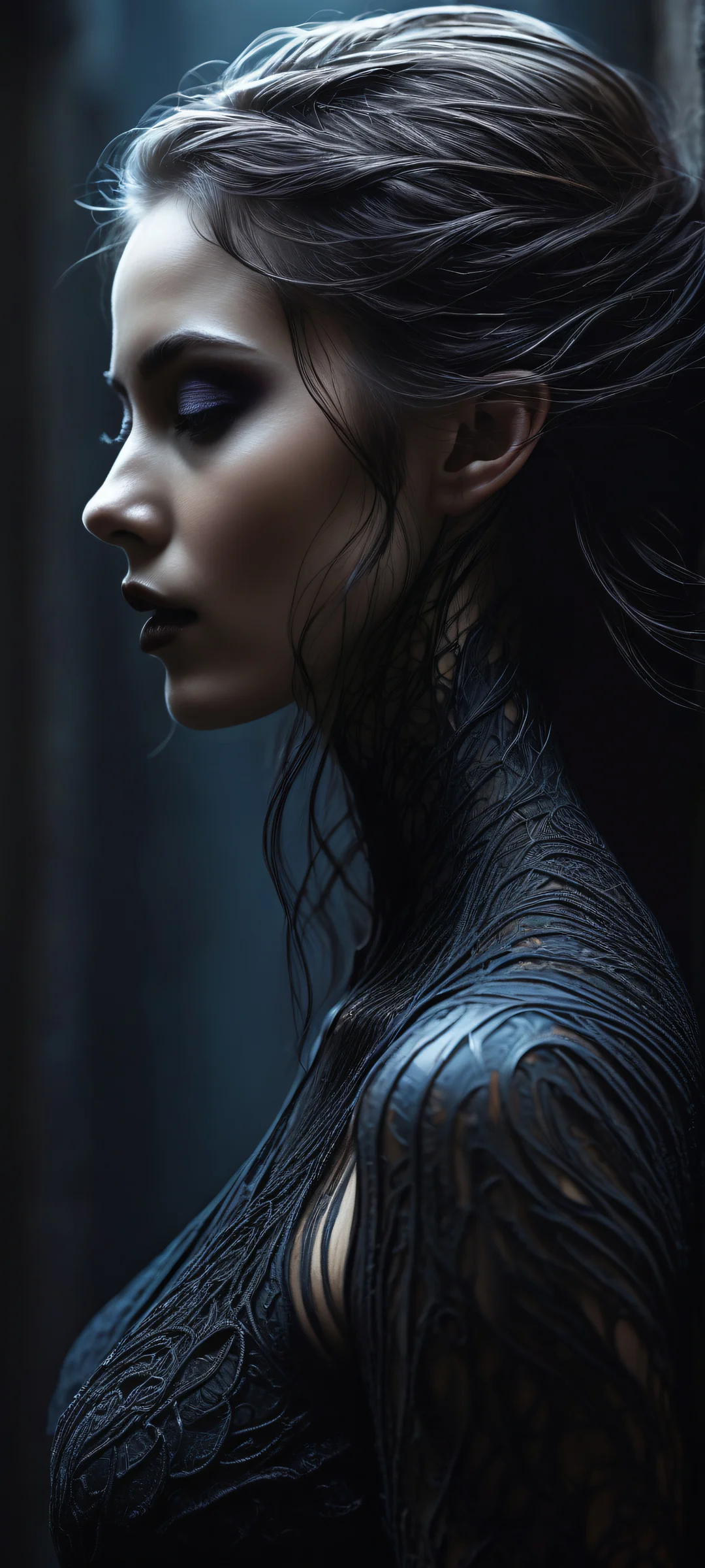 iPhone and Android users, get ready to be mesmerized by this stunning portrait artwork featuring a lone figure with intricate hair and mysterious dark environment, perfectly optimized for your device's home screen.