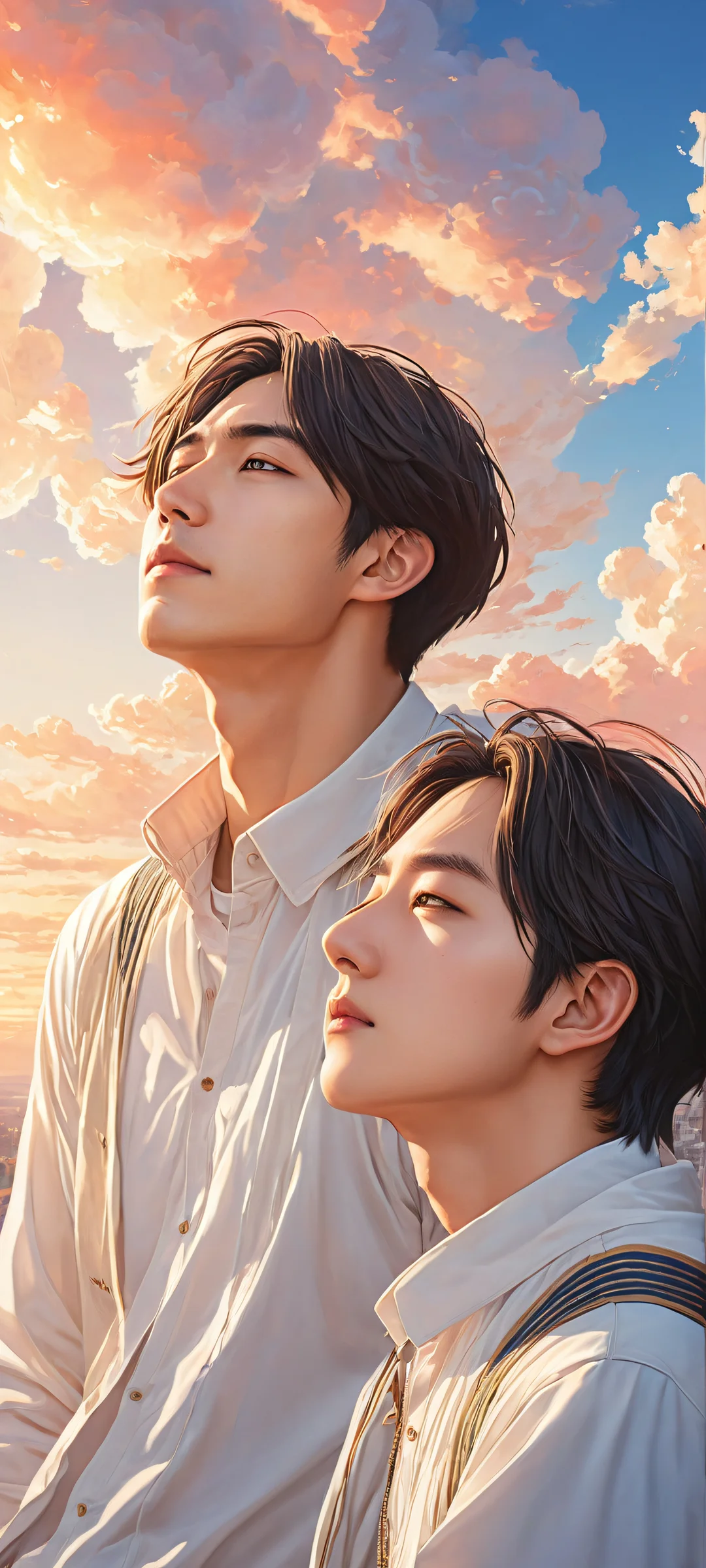 iPhone and Android users, immerse yourself in this breathtaking digital art featuring Chito and Yuuri's sleeping poses against a stunning anime-inspired sky. Perfect for your phone's home screen.
