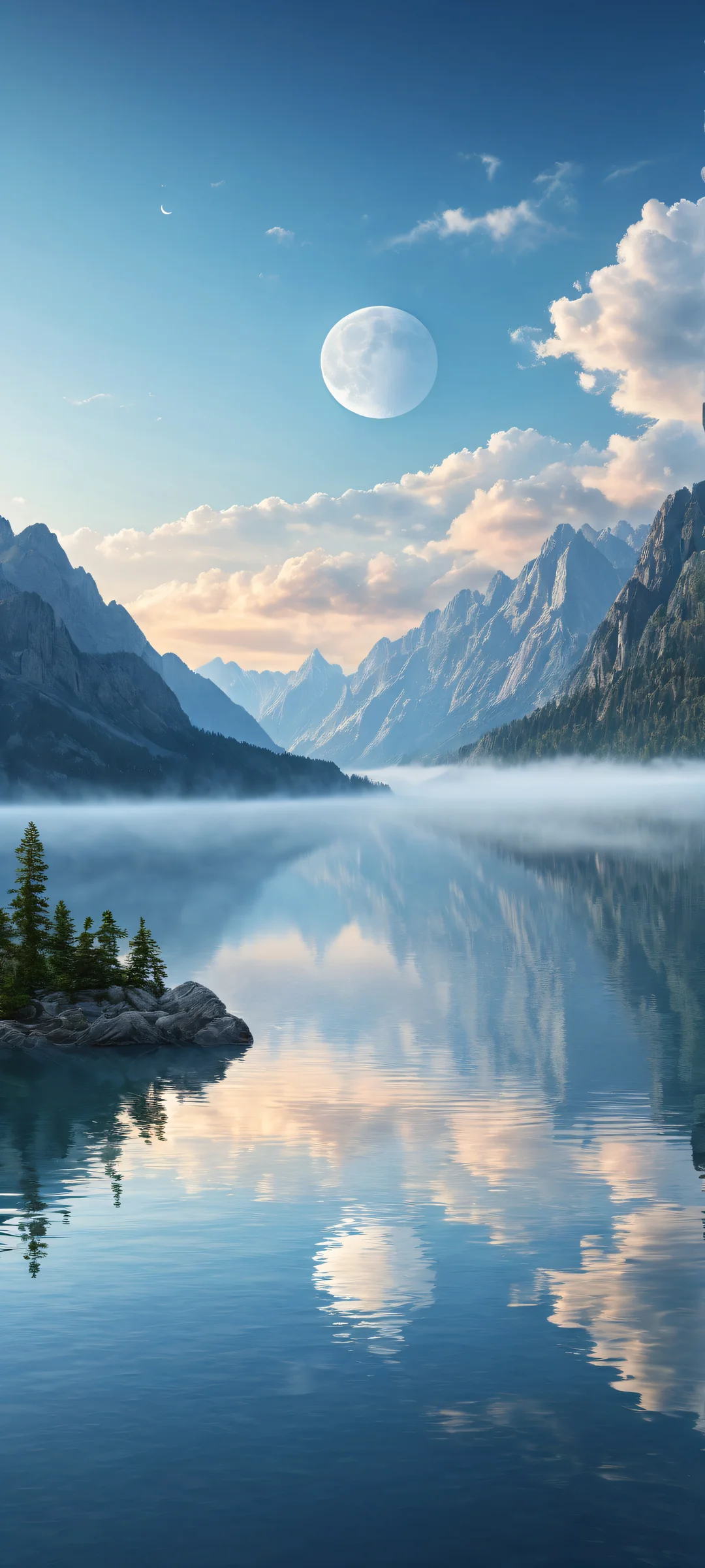 Moonlit Tranquility 2K QHD Mobile Wallpaper iPhone/Android screenshot of a stunning digital art featuring the moon and serene lake scenery with ray-traced reflections.