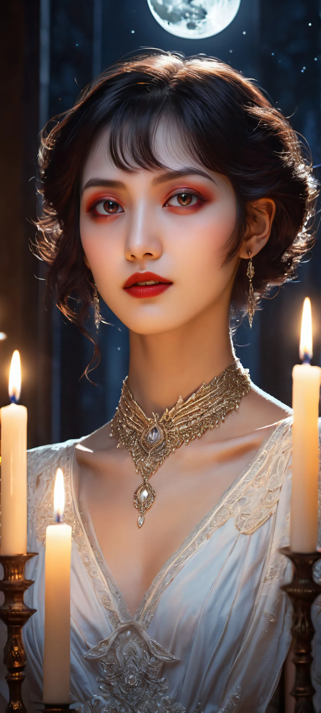 A mystical night scene featuring Vampire Girl surrounded by anime friends and a radiant moon, perfect for iPhone/Android home screens.