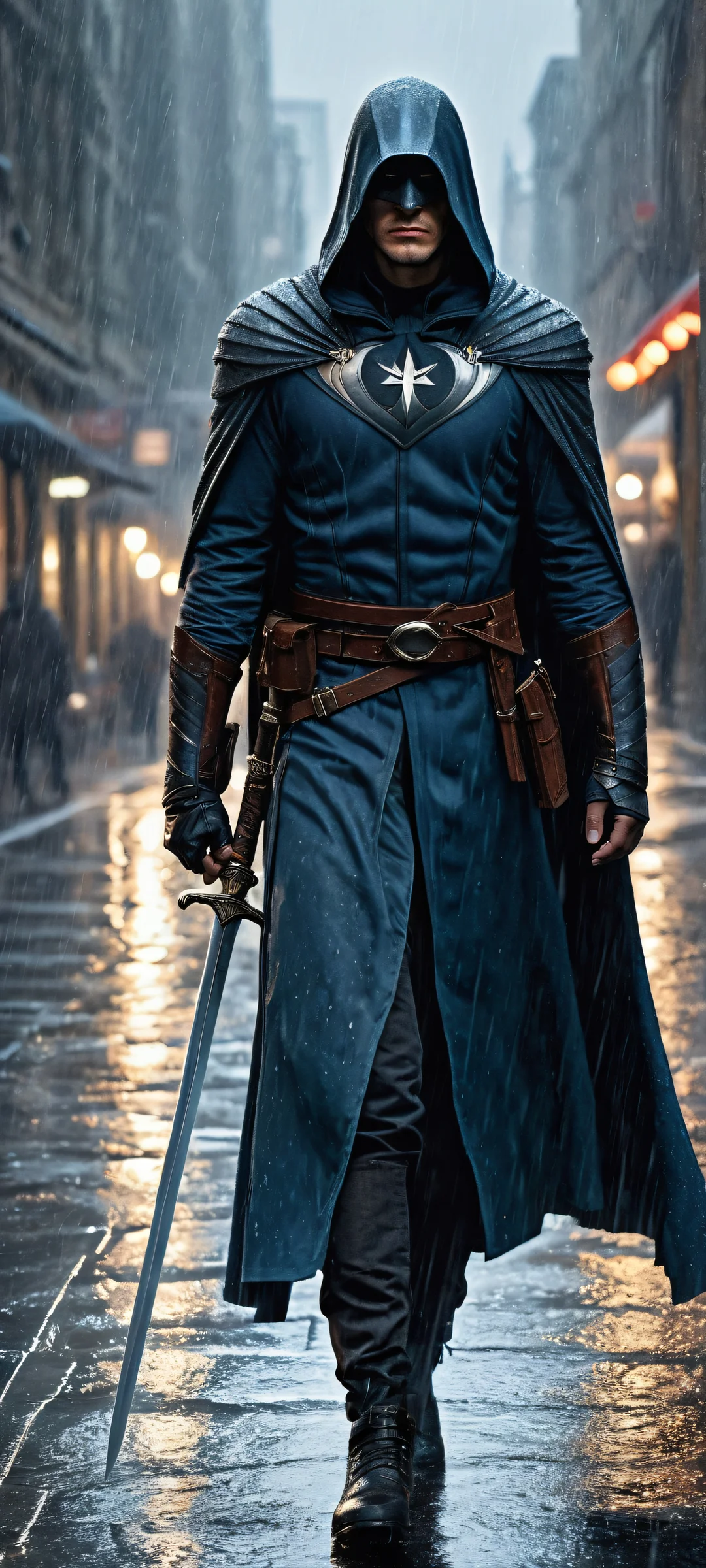 A masked hero stands vigil in the rain, iPhone/Android