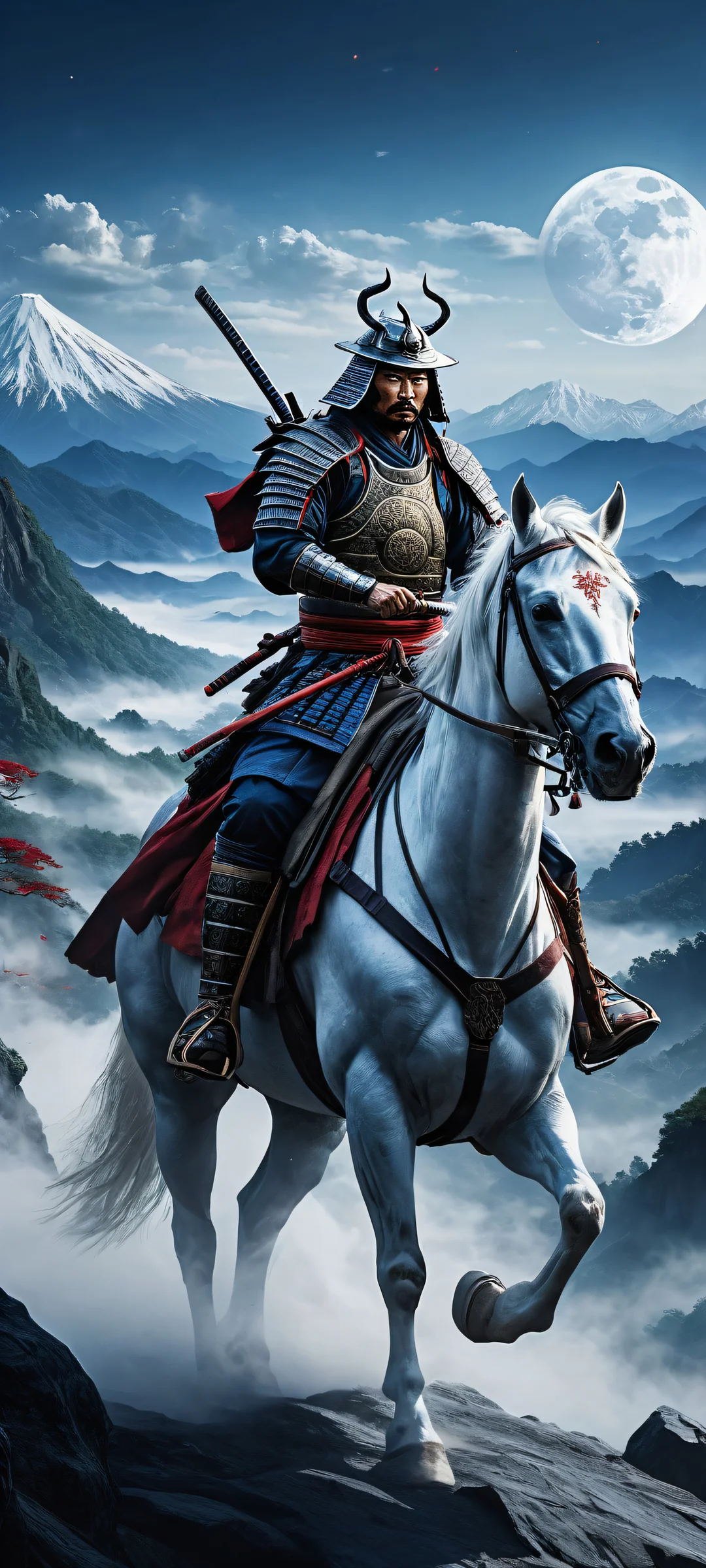 iPhone/Android user can set this stunning samurai artwork as their wallpaper, featuring a majestic warrior riding through a misty moonlit night landscape.