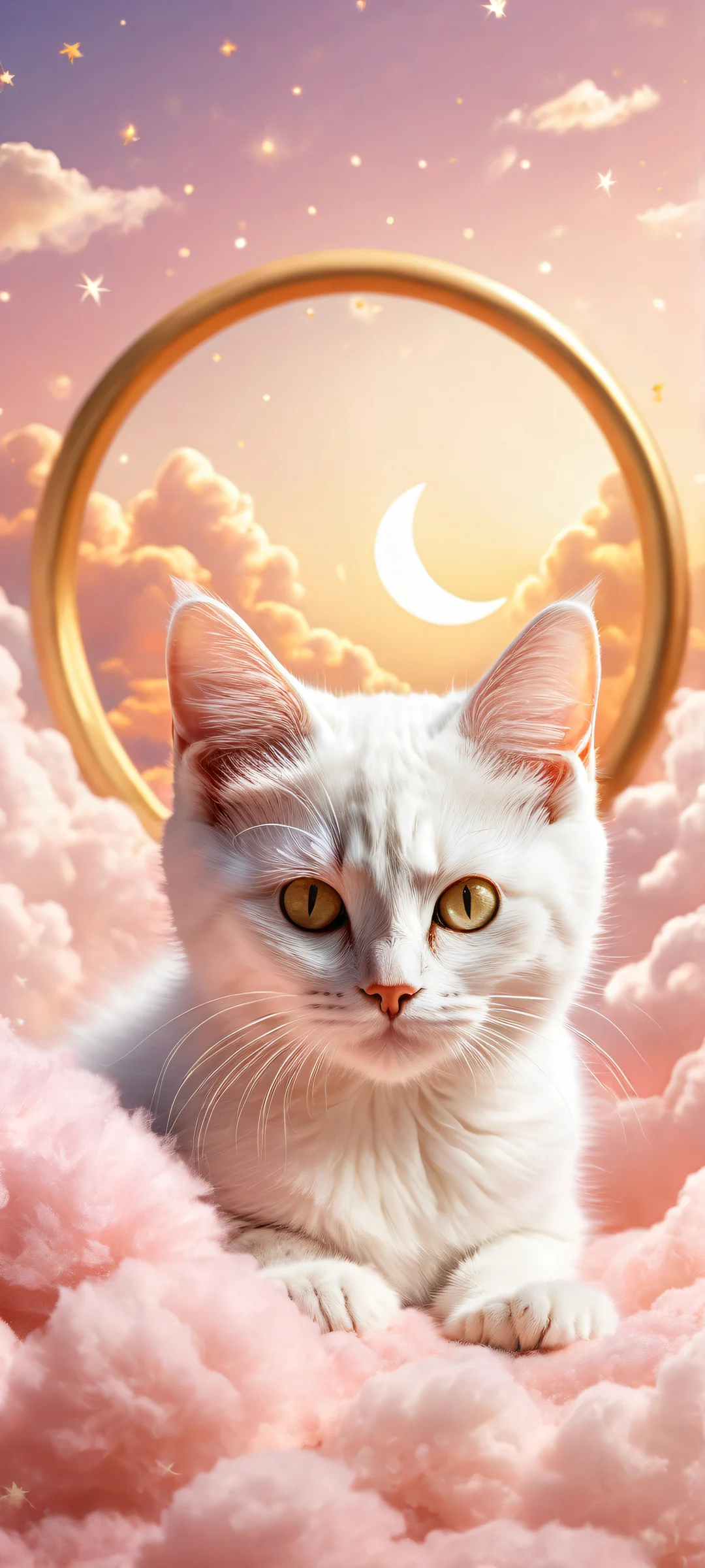 A dreamy kitten in the night sky with iPhone/Android, surrounded by stars and clouds.
