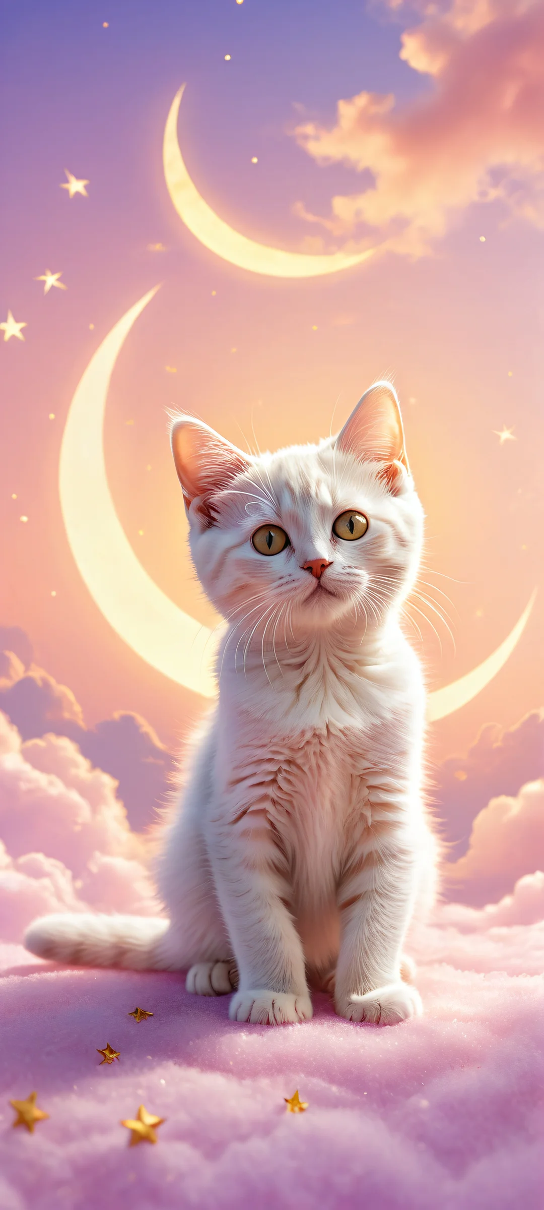 A featureless kitten's body is bathed in ethereal lighting against a pure void backdrop, surrounded by intricate details of crescent moon, fluffy clouds, and gold dusted shooting stars on an iPhone or Android home screen.