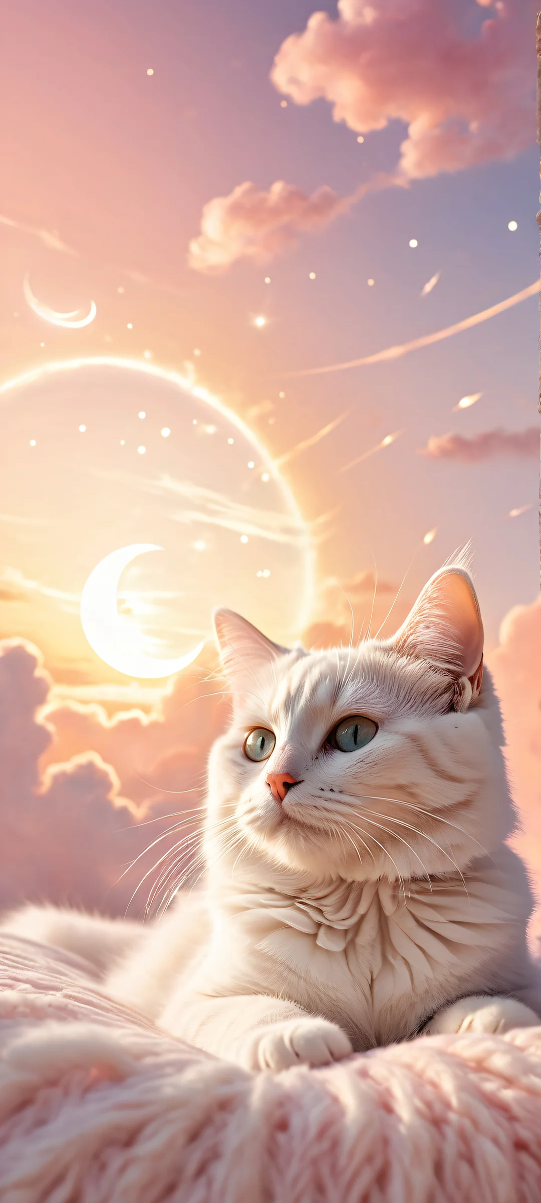 A dreamy kitten surrounded by crescent moon, white clouds, and gold-dusted shooting stars. Perfectly optimized for iPhone/Android home screens.