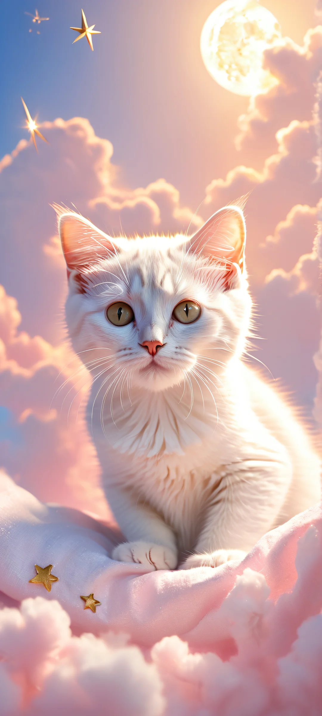 Dreamy kitten outline surrounded by white fluffy clouds and gold dusted shooting stars on a pristine background with photorealistic cat bed, perfectly optimized for iPhone/Android home screens.