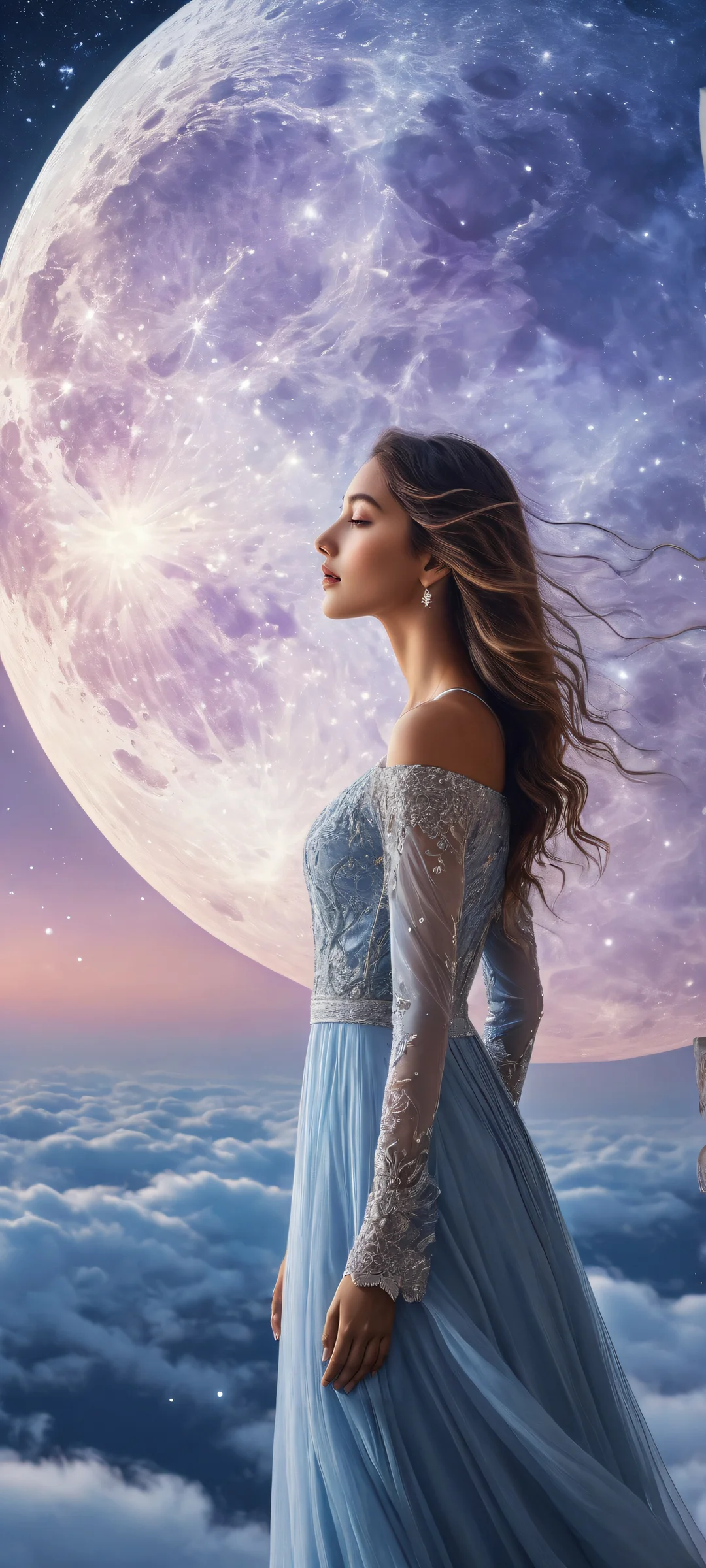 Beautiful iPhone/Android wallpaper of a serene moonlit scene with intricate star maps and celestial patterns.