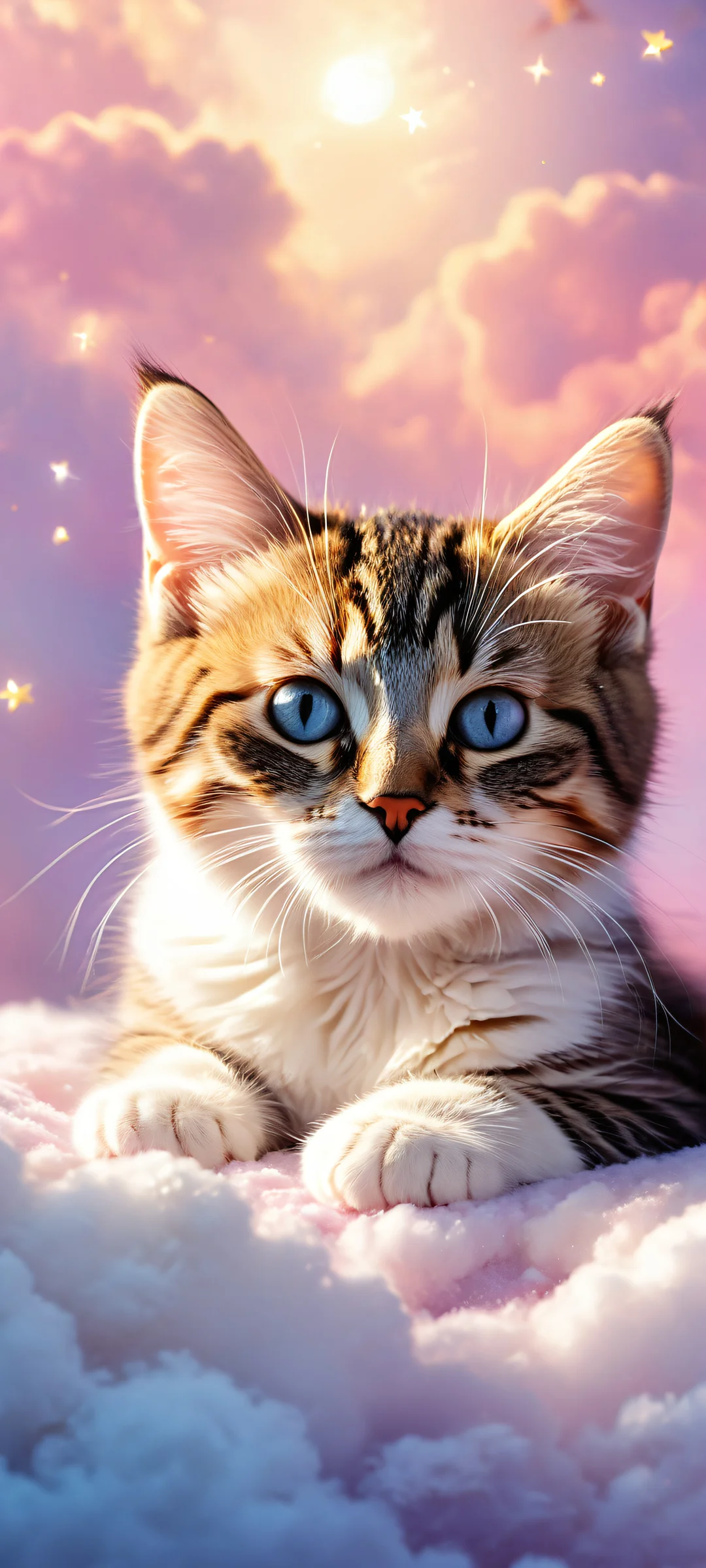 A dreamy kitten amidst crescent moon, clouds, and shooting stars on a pure void background, perfectly optimized for iPhone/Android home screens.