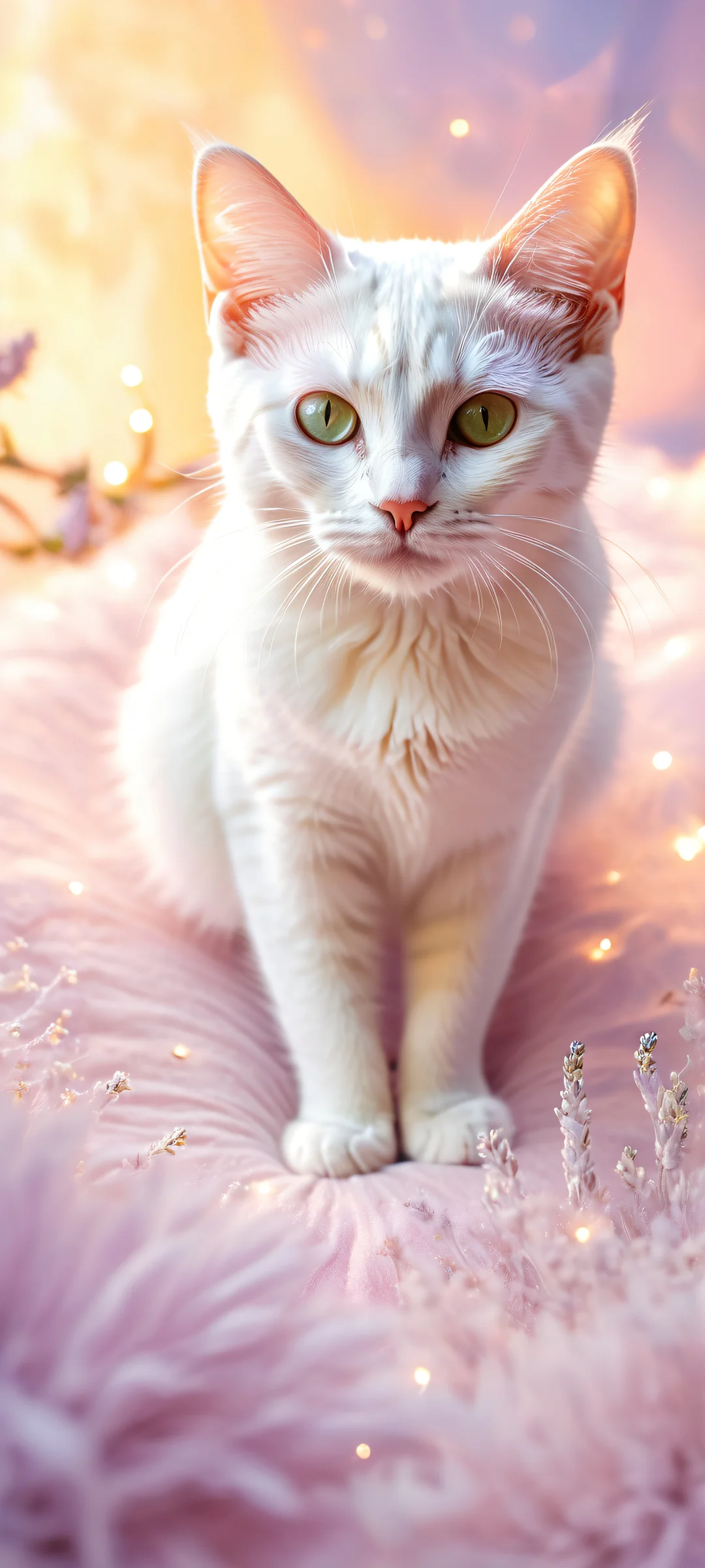 A dreamy kitten sits in a cloud-filled moonlit night scene on an iPhone/Android phone home screen, with intricate details and photorealistic effects.