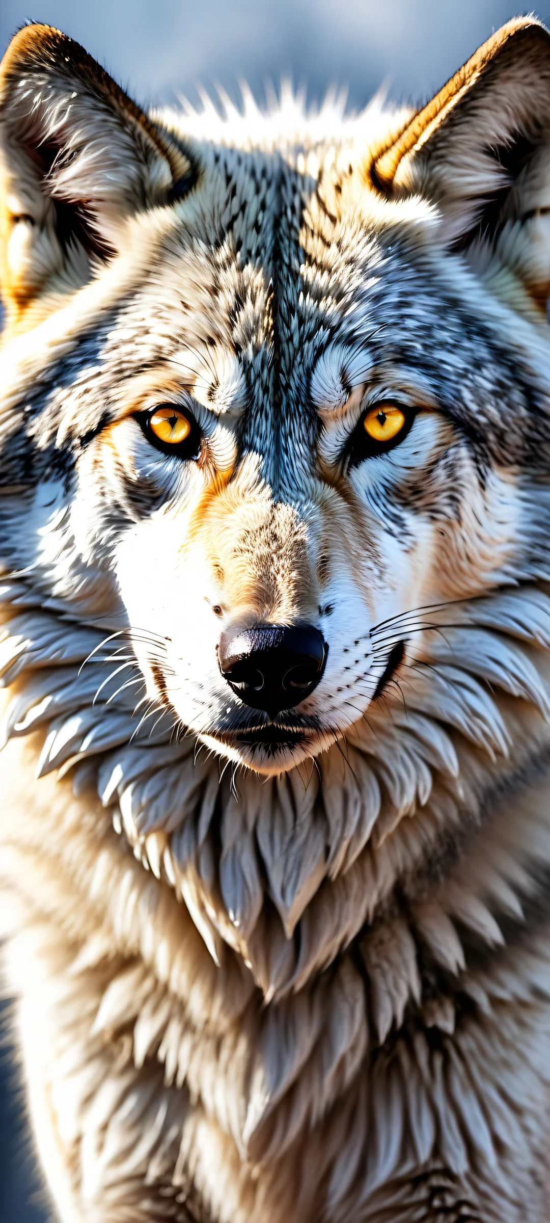 A majestic wolf with striking silver fur and piercing yellow eyes placed in the lower-middle against a vast pure void, perfectly optimized for iPhone/Android home screens.