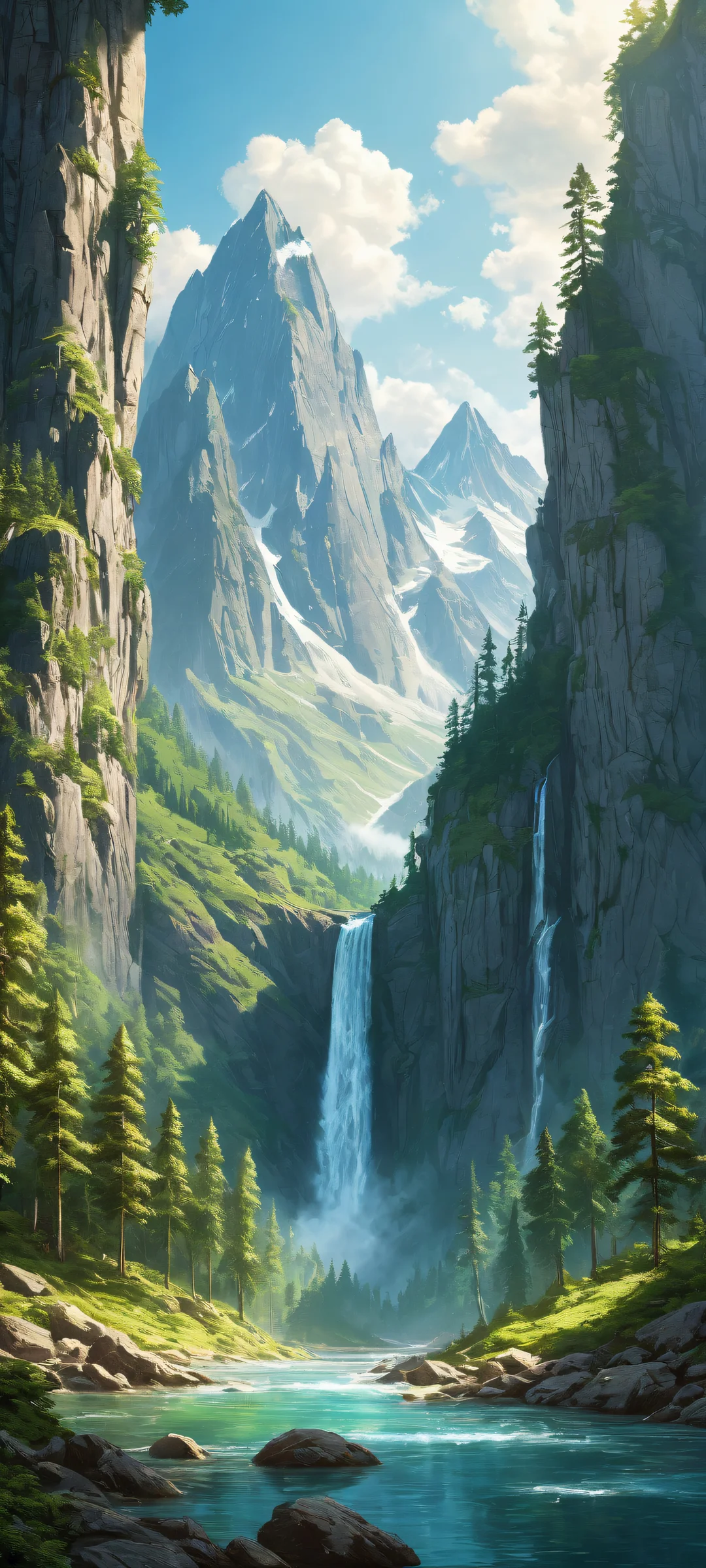A majestic mountain range on an iPhone/Android device, with intricate details and ethereal lighting.