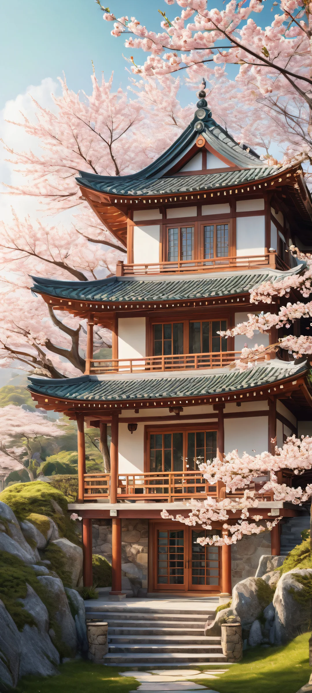 iPhone and Android users, immerse yourself in the serene beauty of a mountain house with a cherry blossom garden, perfectly optimized for your home screen.