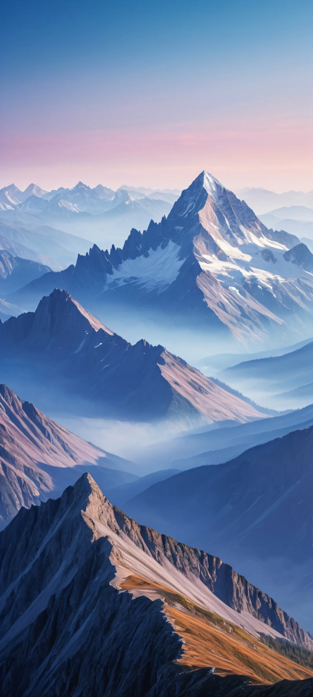 Breathtaking vertical portrait artwork of mountain peaks on iPhone/Android, perfect for home screens with a touch of photographic realism and ethereal lighting.