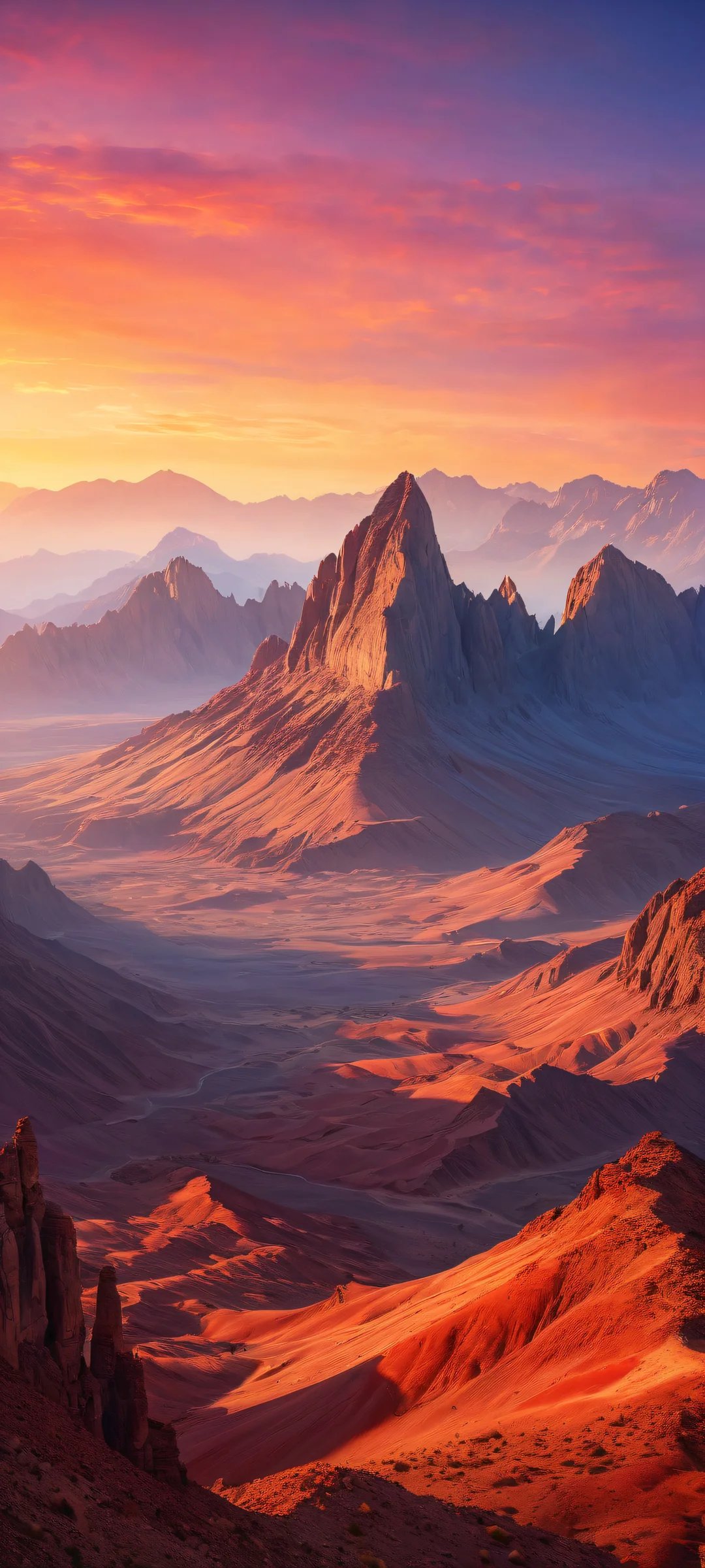 Majestic mountain range on iPhone and Android with ancient trees and rugged terrain. Perfect for phone wallpapers, reminiscent of a serene desert sunset at dusk.