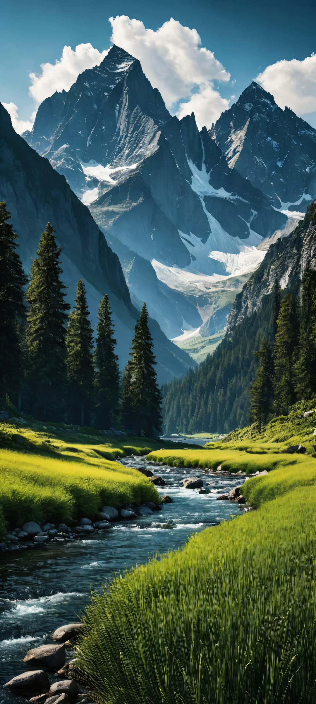 iPhone and Android mobile wallpaper featuring a majestic mountain range with micro-details of grass, trees, and water, perfect for dark mode aesthetic.