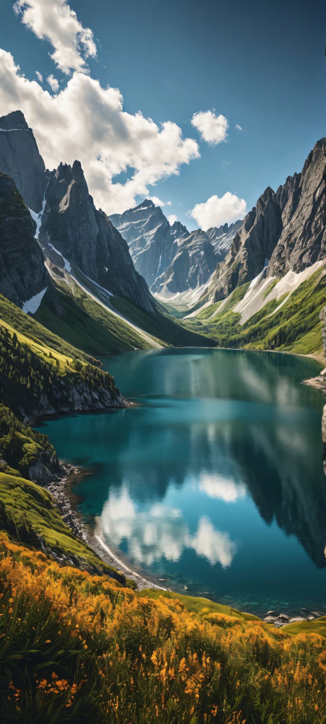 Breathtaking vertical portrait artwork of mountains with intricate micro-details and serene landscape. Perfect for iPhone/Android home screens.