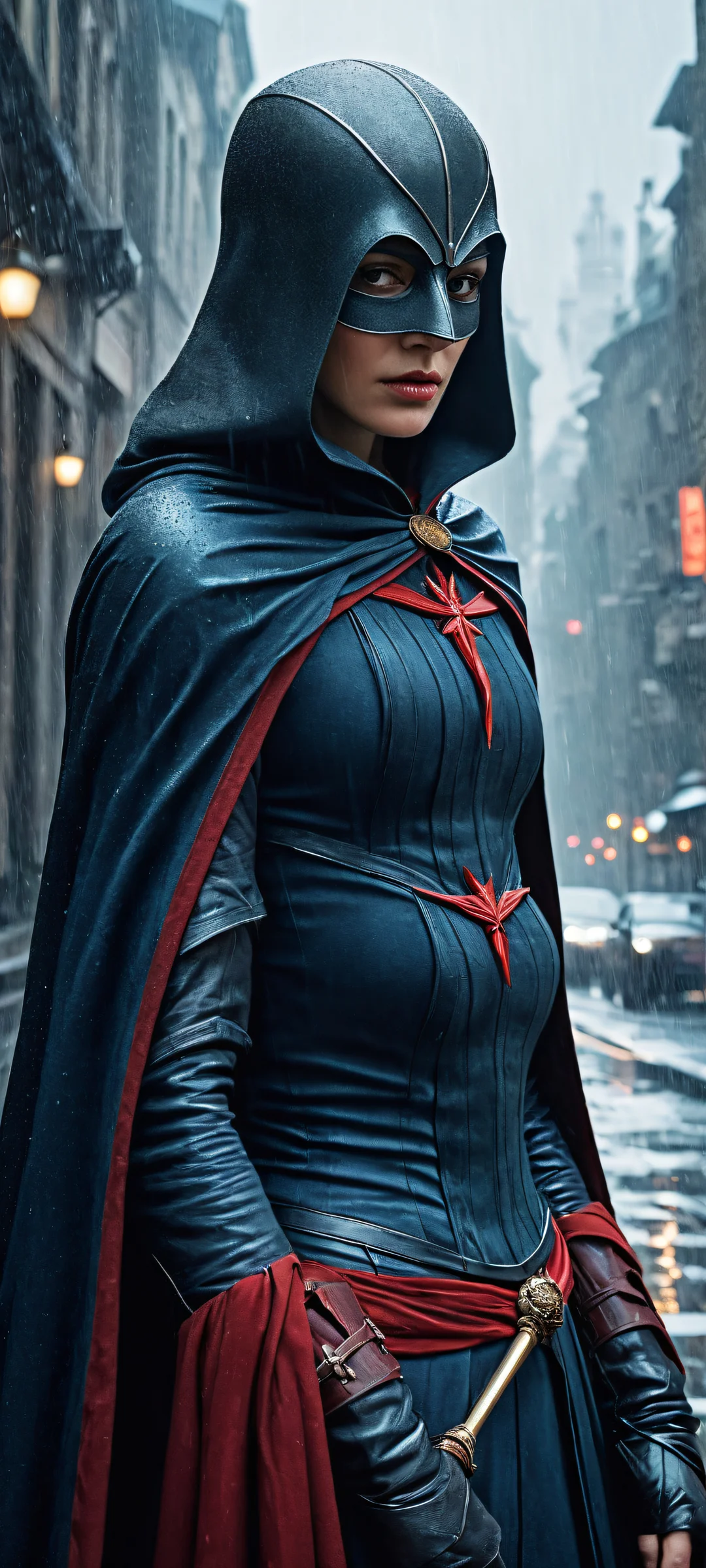 A masked heroine in contemplation amidst rain-soaked scenery, iPhone and Android compatible wallpaper with intricate details.