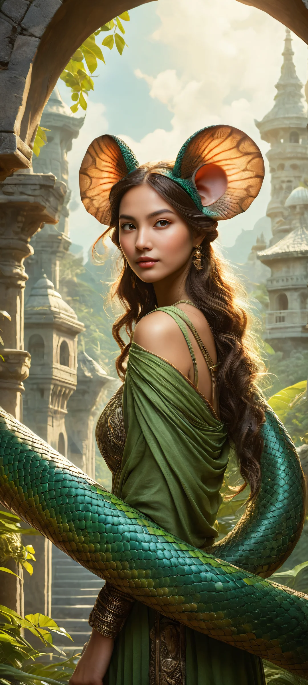 iPhone/Android wallpaper of mouse girl hugging a snake, with intricate details and serene atmosphere.