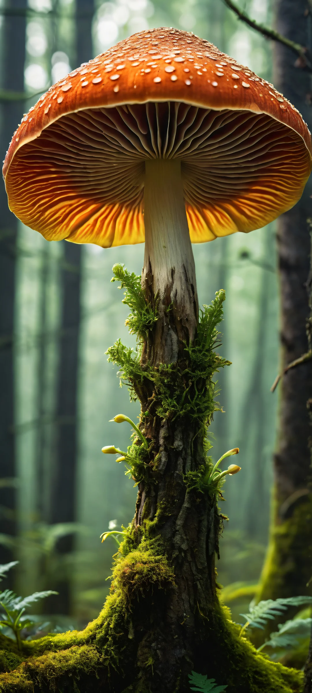 iPhone and Android users will be enchanted by this mystical artwork featuring a mushroom spirit holding a golden-dusted tulip, surrounded by an otherworldly aura.