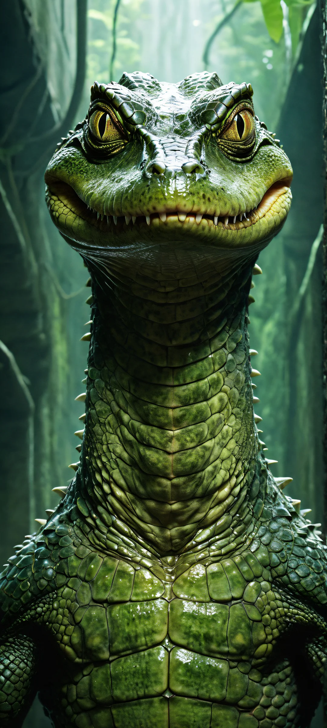 A mysterious hybrid creature stands in a sewer tunnel, surrounded by eerie ambient light and radiant colors. Perfekt optimiert für iPhone- und Android-Startbildschirme.