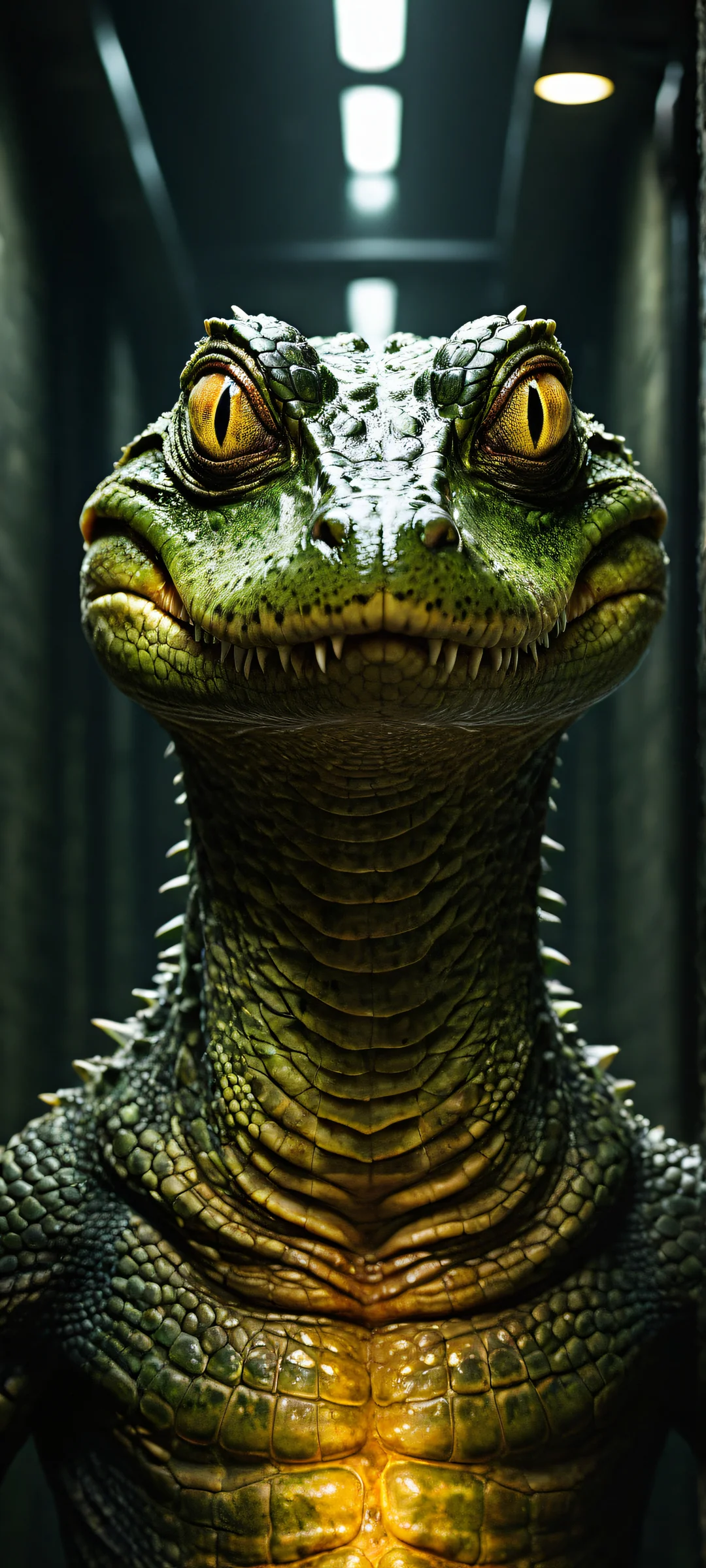 iPhone/Android exclusive artwork of a human-alligator hybrid in an apocalyptic sewer setting with intricate details and eerie atmosphere.