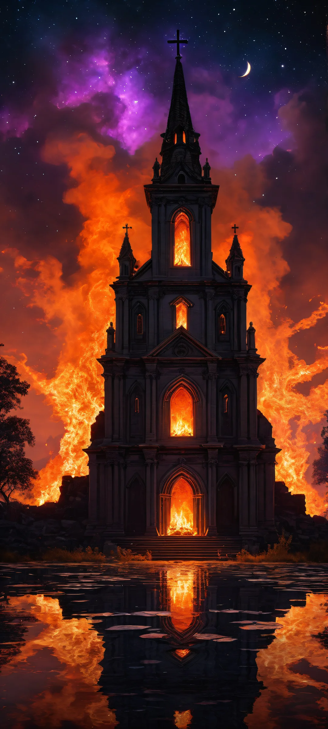 iPhone/Android - Mysterious cult figures standing amidst burning church ruins with a vast void above and night sky reflection on calm water. Perfect for your mobile home screen.