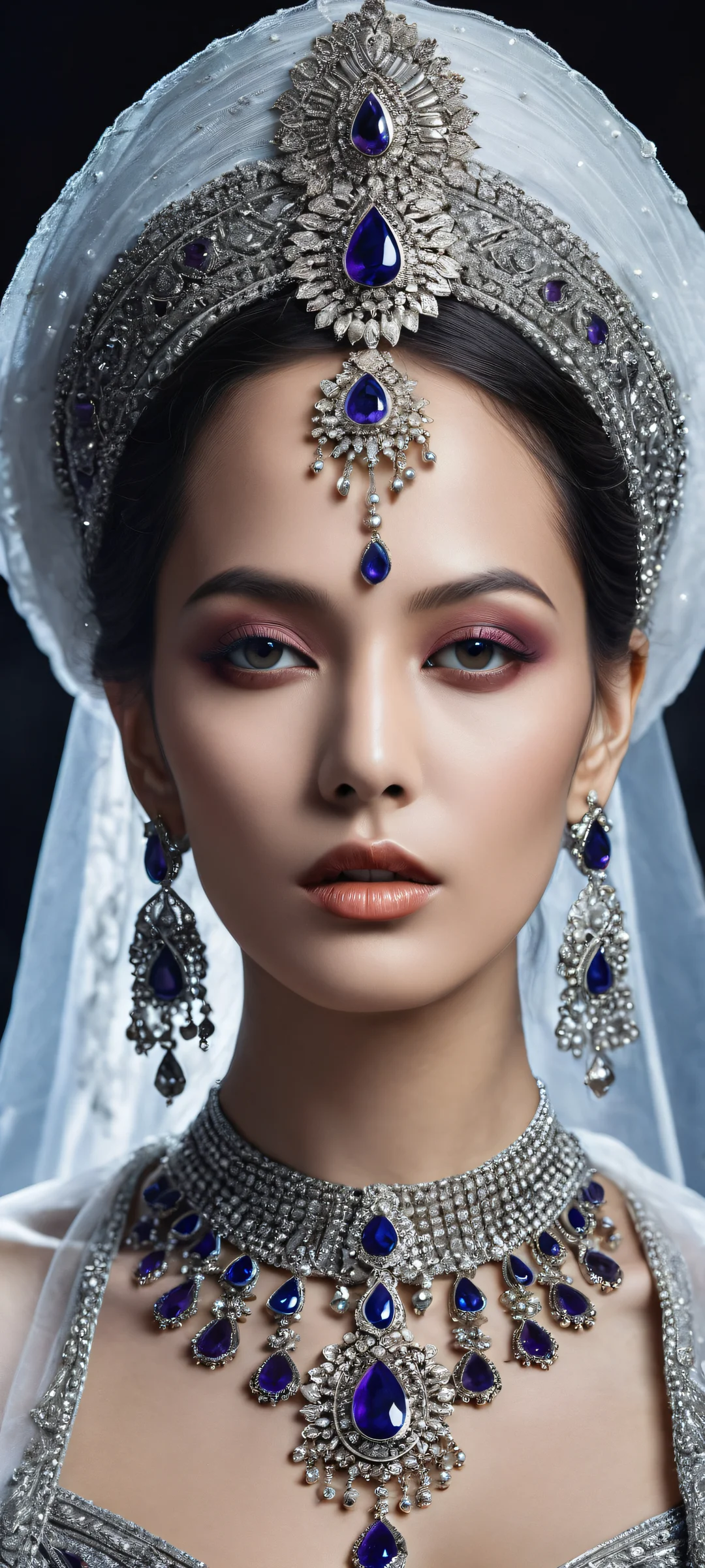 Mysterious Elegance iPhone & Android Wallpaper A mysterious woman with intricate jewelry and regal attire on a dark background, perfectly optimized for iPhone/Android home screens.