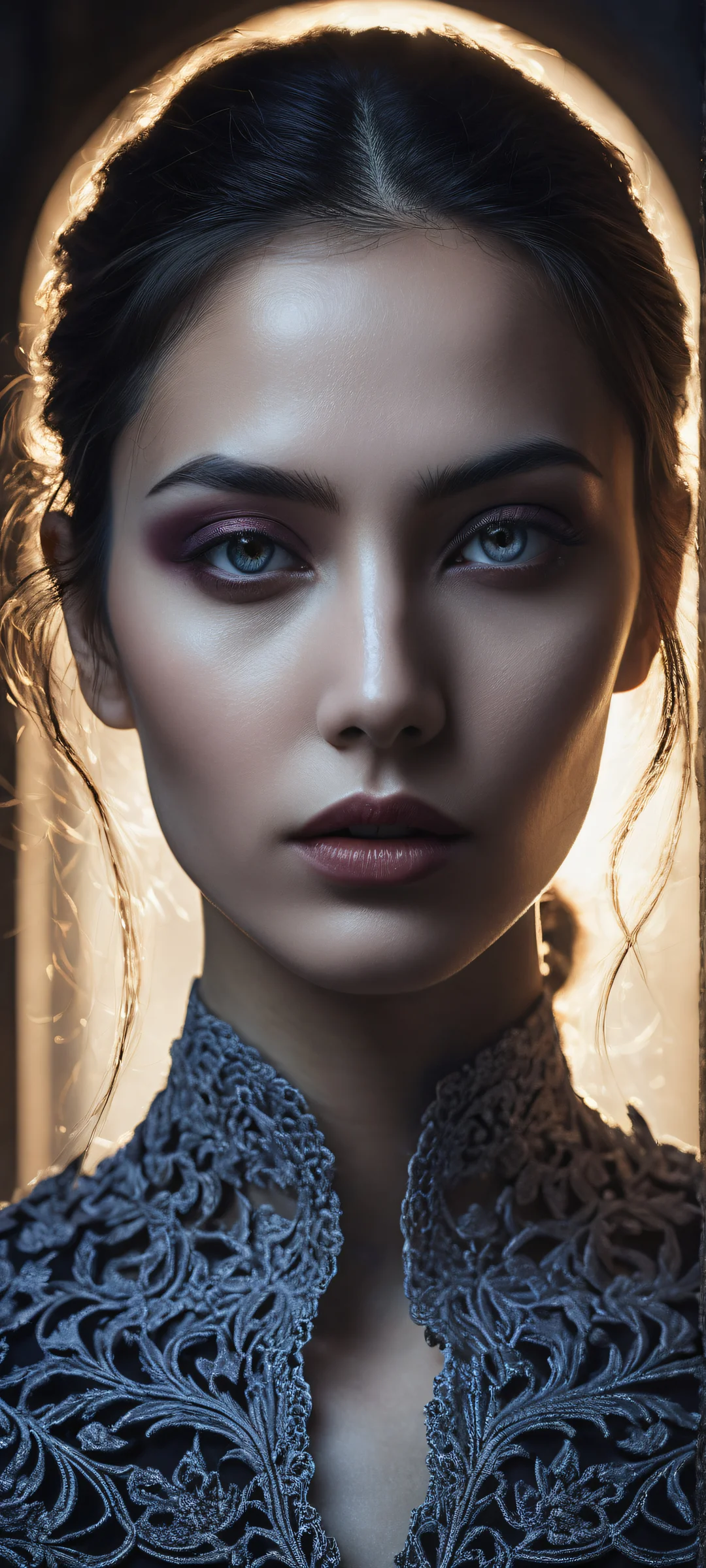 A mysterious woman's portrait on a dark gray background with soft, diffused rays and subtle shadows for iPhone/Android