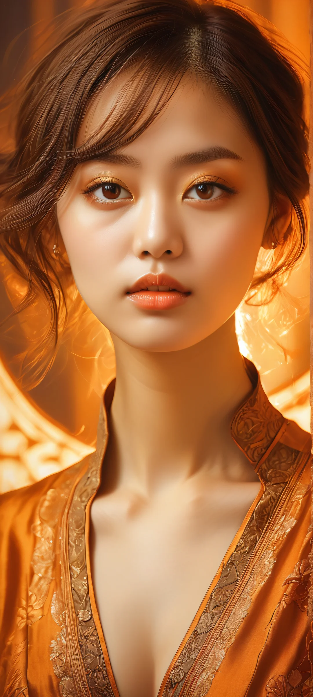 A girl with intricate details on her profile, set against a warm amber background inspired by Genshin Impact. Perfect for iPhone/Android home screens.