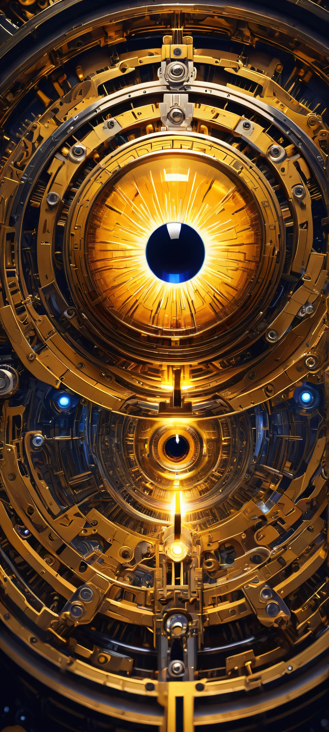 A striking yellow eye set amidst intricate mechanical elements and symbols on a dark blue background, perfectly optimized for iPhone/Android home screens.