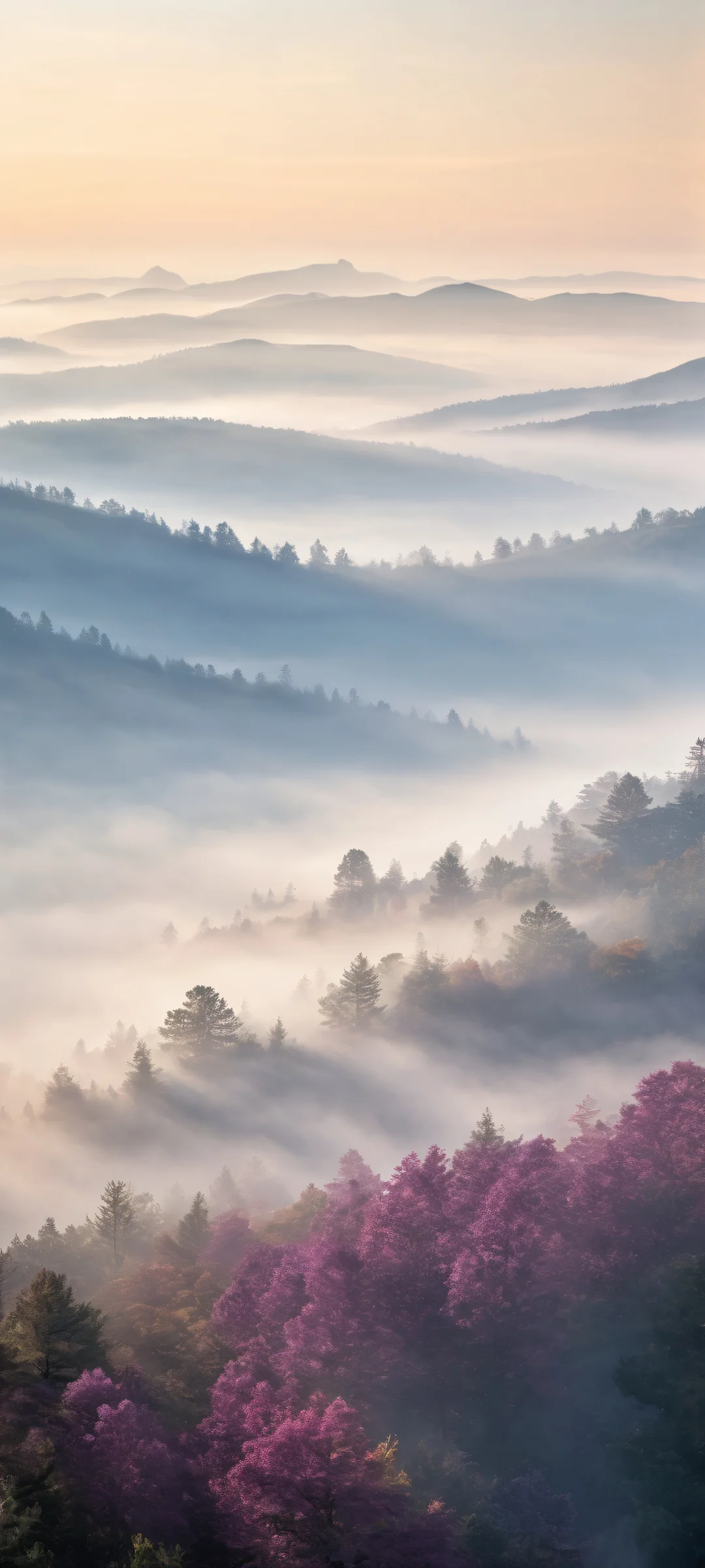 iPhone/Android wallpaper featuring mysterious shapes emerging from the misty morning landscape. Award-winning digital art with ethereal lighting and surreal details.