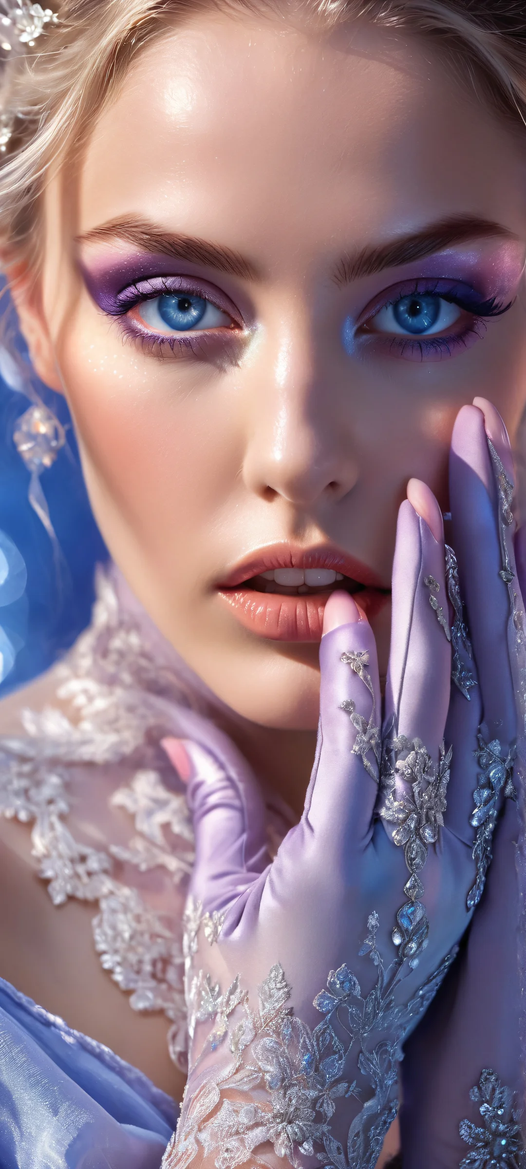 A mysterious girl with radiant blue eyes looks directly at the viewer on an iPhone or Android device, surrounded by a vast void and intricate micro-details.