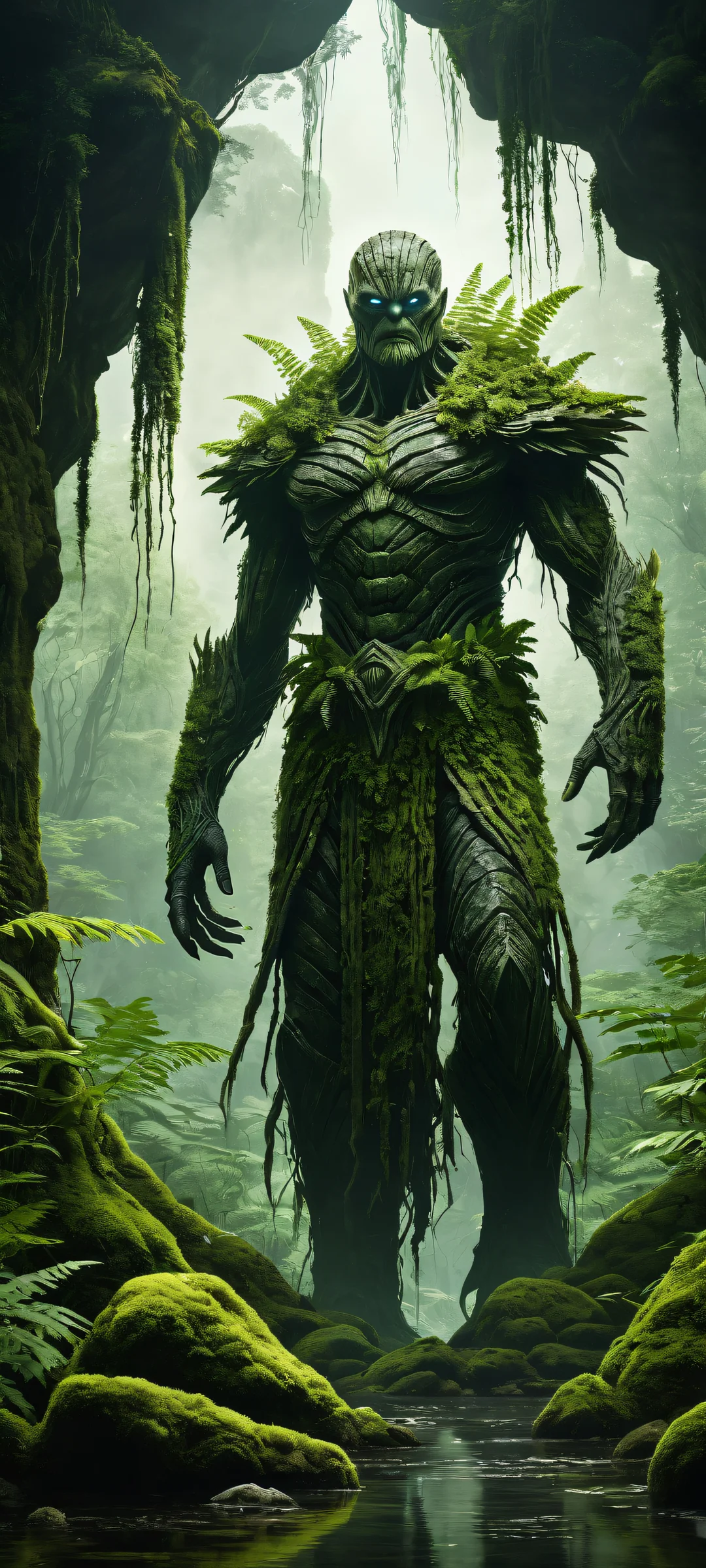 Breathtaking portrait artwork of a massive stone guardian standing amidst a serene wetland ecosystem on an iPhone or Android device.